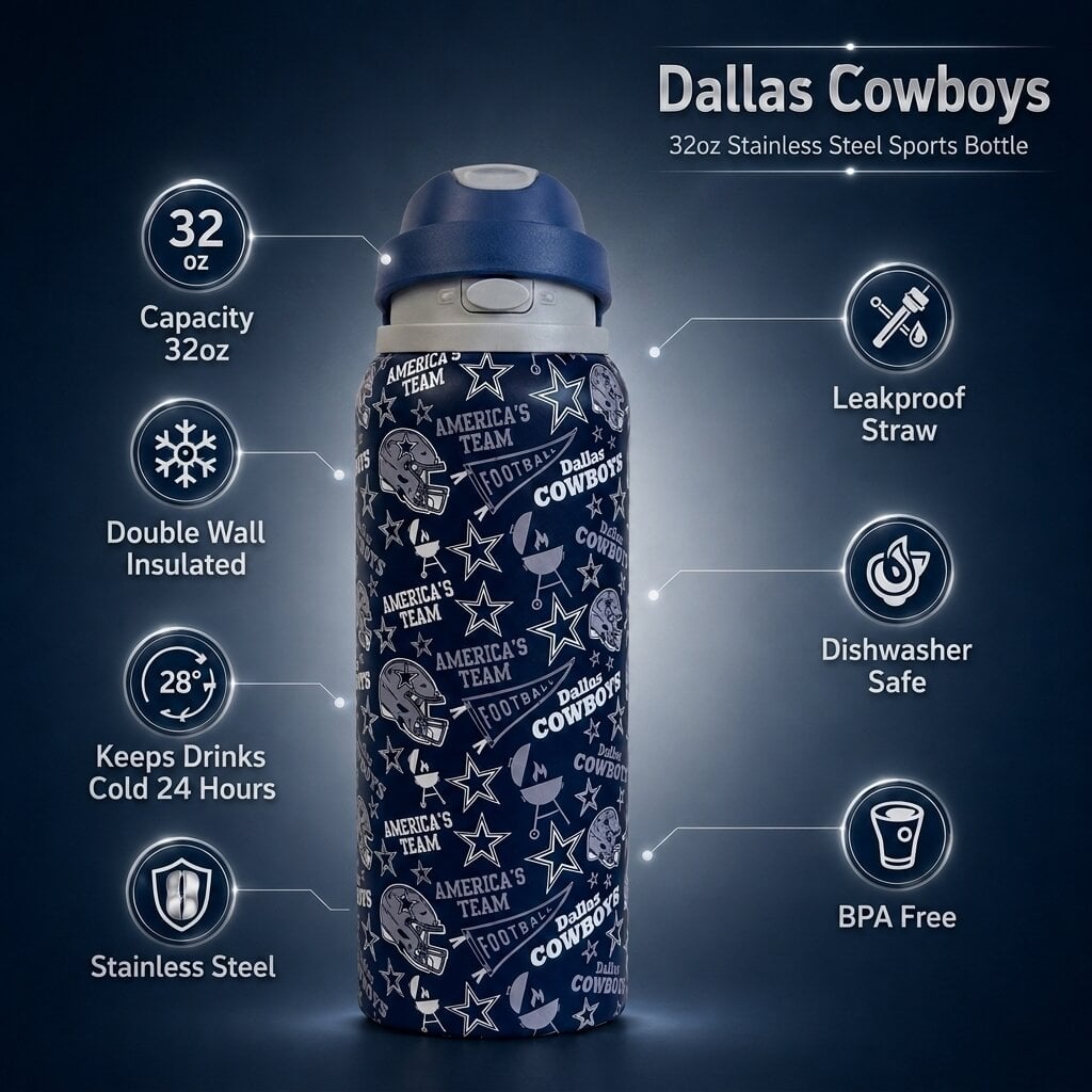 Gourde Pegasus Dallas Cowboys 32 oz en acier inoxydable ProPress avec fanion pour les jours de match