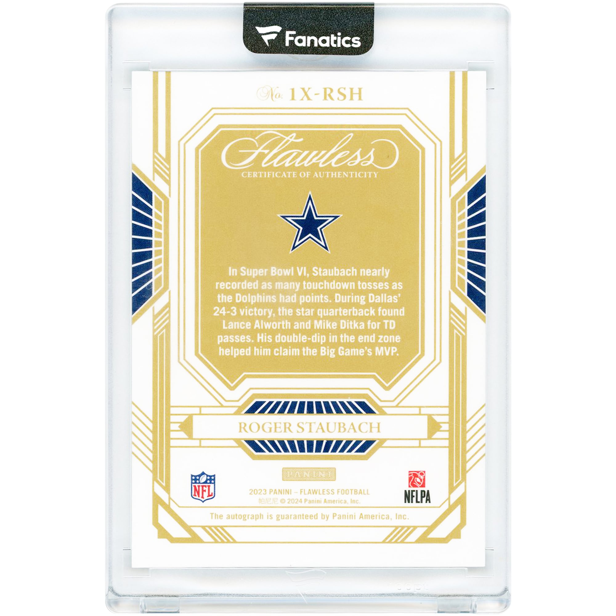 Roger Staubach Dallas Cowboys Autographed 2023 Panini Flawless Super Bowl Champions Gold #1X-RSH #10/25 Card