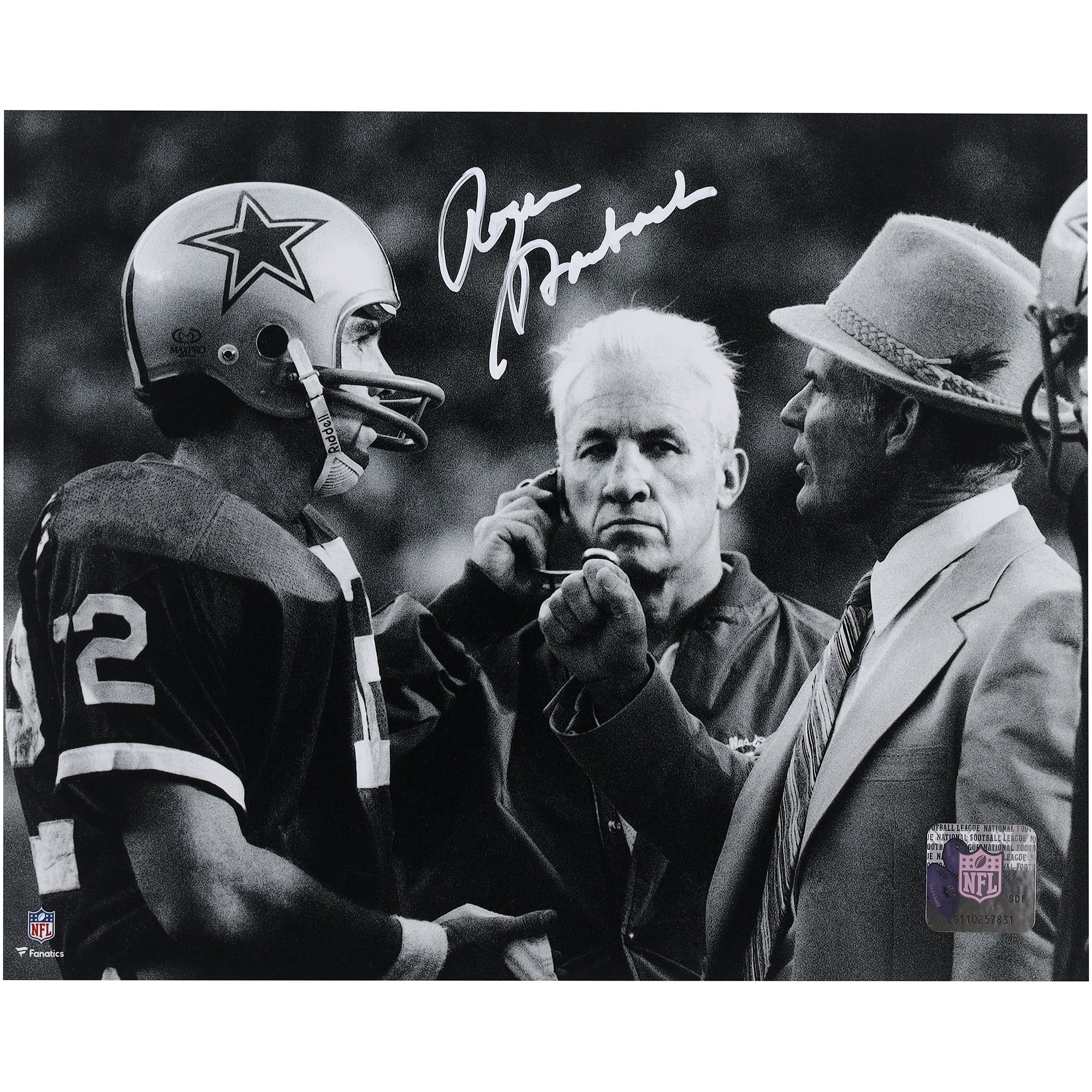 Roger Staubach Dallas Cowboys dédicacé 8" x 10" parlant avec Landry Photographie
