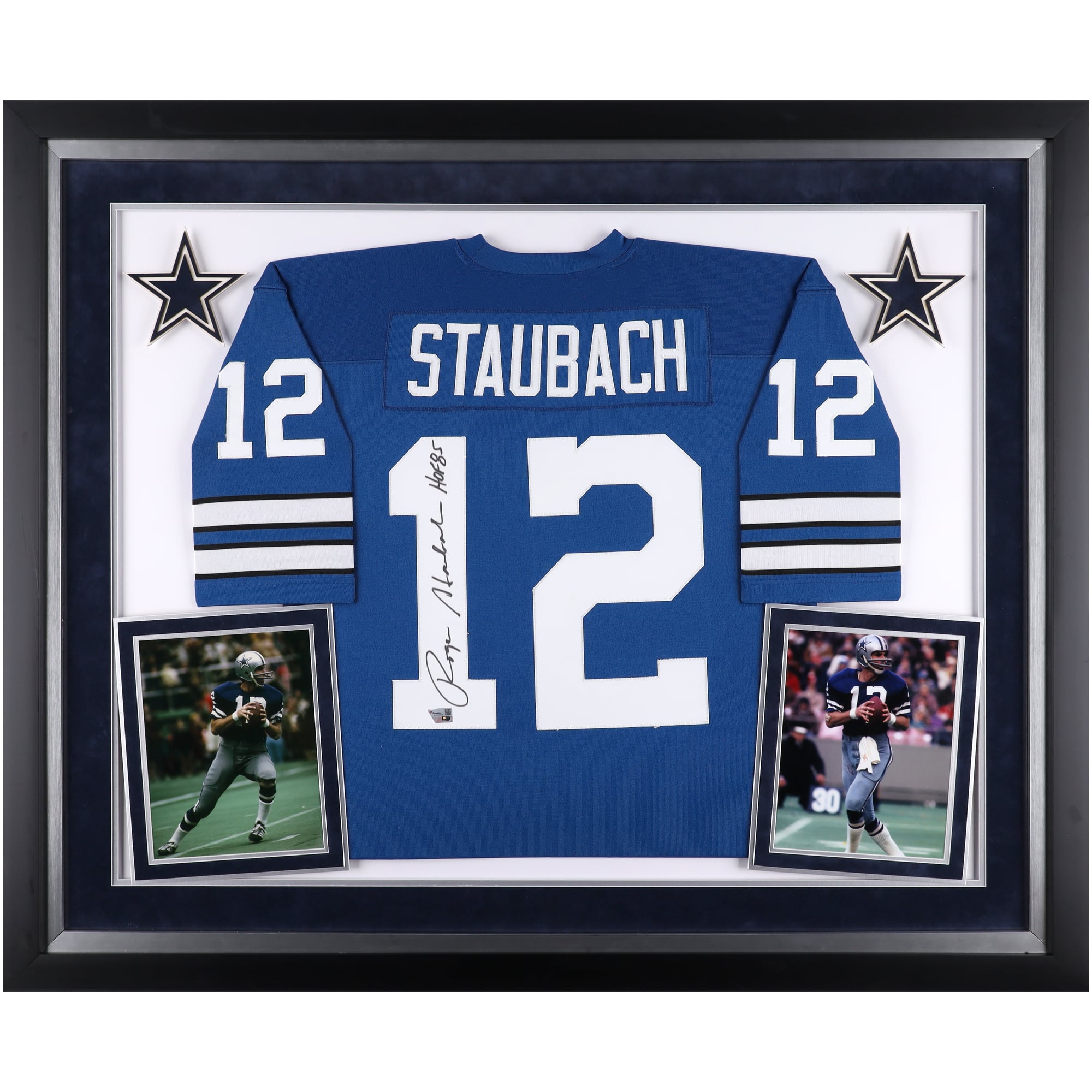 Maillot authentique Mitchell & Ness bleu autographié de luxe encadré des Cowboys de Dallas de Roger Staubach avec inscription « HOF 85 »