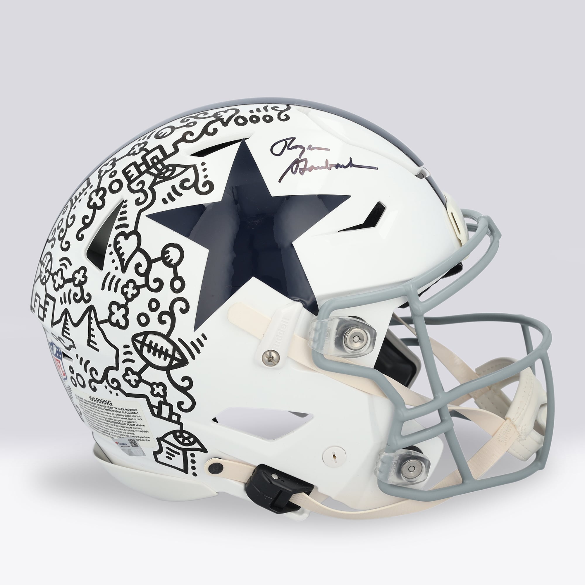 Casque Riddell Speed ​​Flex Authentic 1960-1963 Throwback, signé par Roger Staubach (Dallas Cowboys) - Illustration d'Alex Alpert - Édition limitée n° 1/1 - UW25