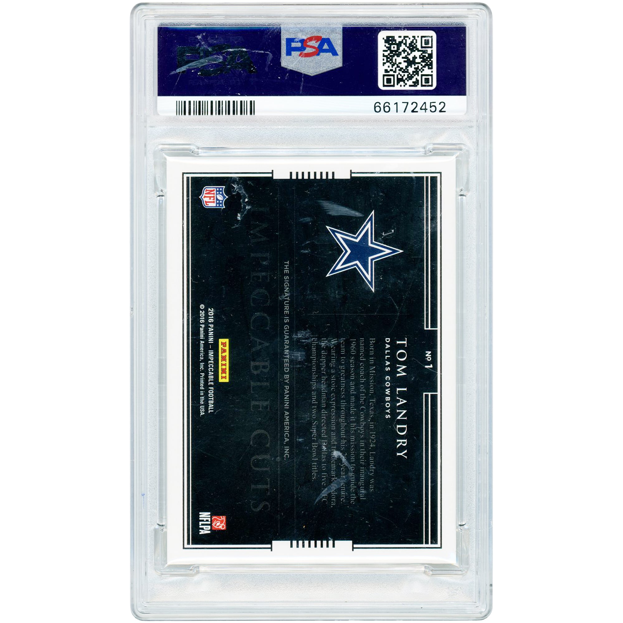 Tom Landry Dallas Cowboys Autographed 2016 Panini Impeccable Cut Autograph #1 #4/4 PSA Authenticated 8 Card