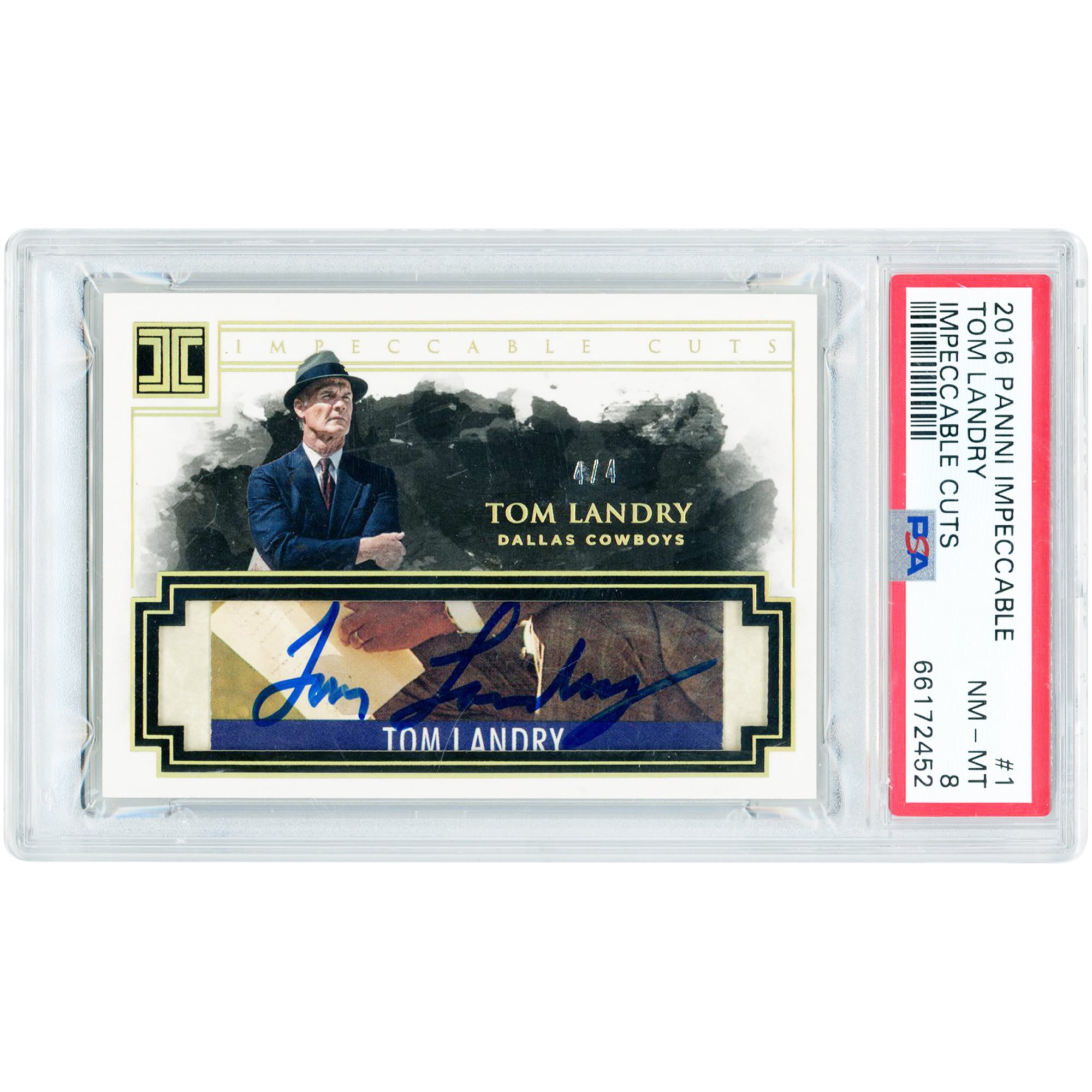 Tom Landry Dallas Cowboys Autographed 2016 Panini Impeccable Cut Autograph #1 #4/4 PSA Authenticated 8 Card