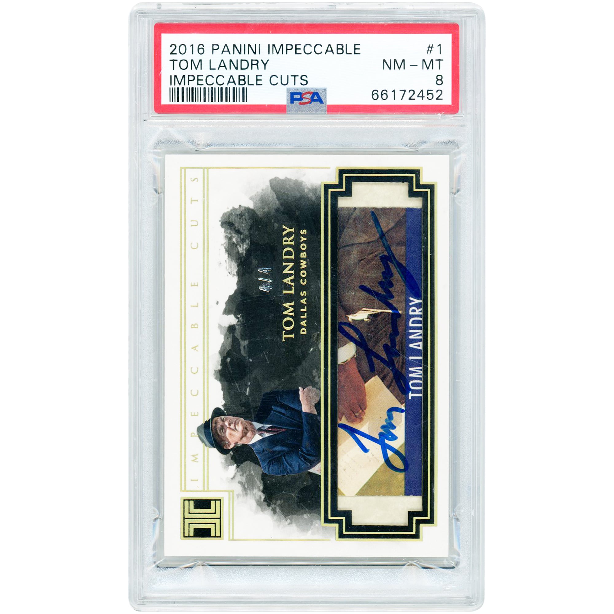 Tom Landry Dallas Cowboys Autographed 2016 Panini Impeccable Cut Autograph #1 #4/4 PSA Authenticated 8 Card