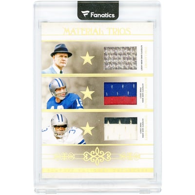 Tom Landry, Roger Staubach & Tony Dorsett Dallas Cowboys 2007 Playoff National Treasures Triple Multi Color Game Used Relics #MT-TLRSTD #10/25 Card