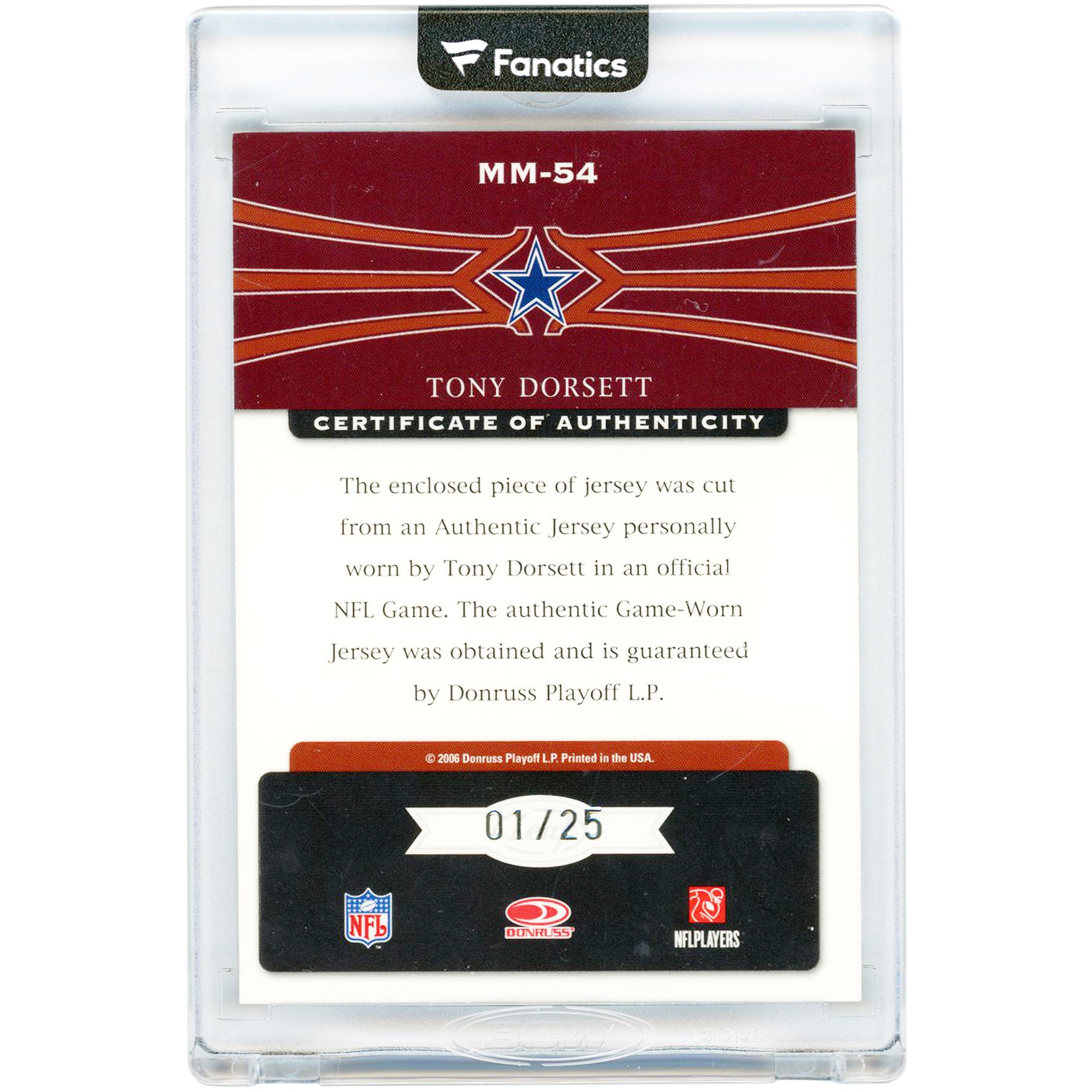 Tony Dorsett Dallas Cowboys Autographed 2006 Leaf Limited Dual Game Used Relics #MM-54 #1/25 Card