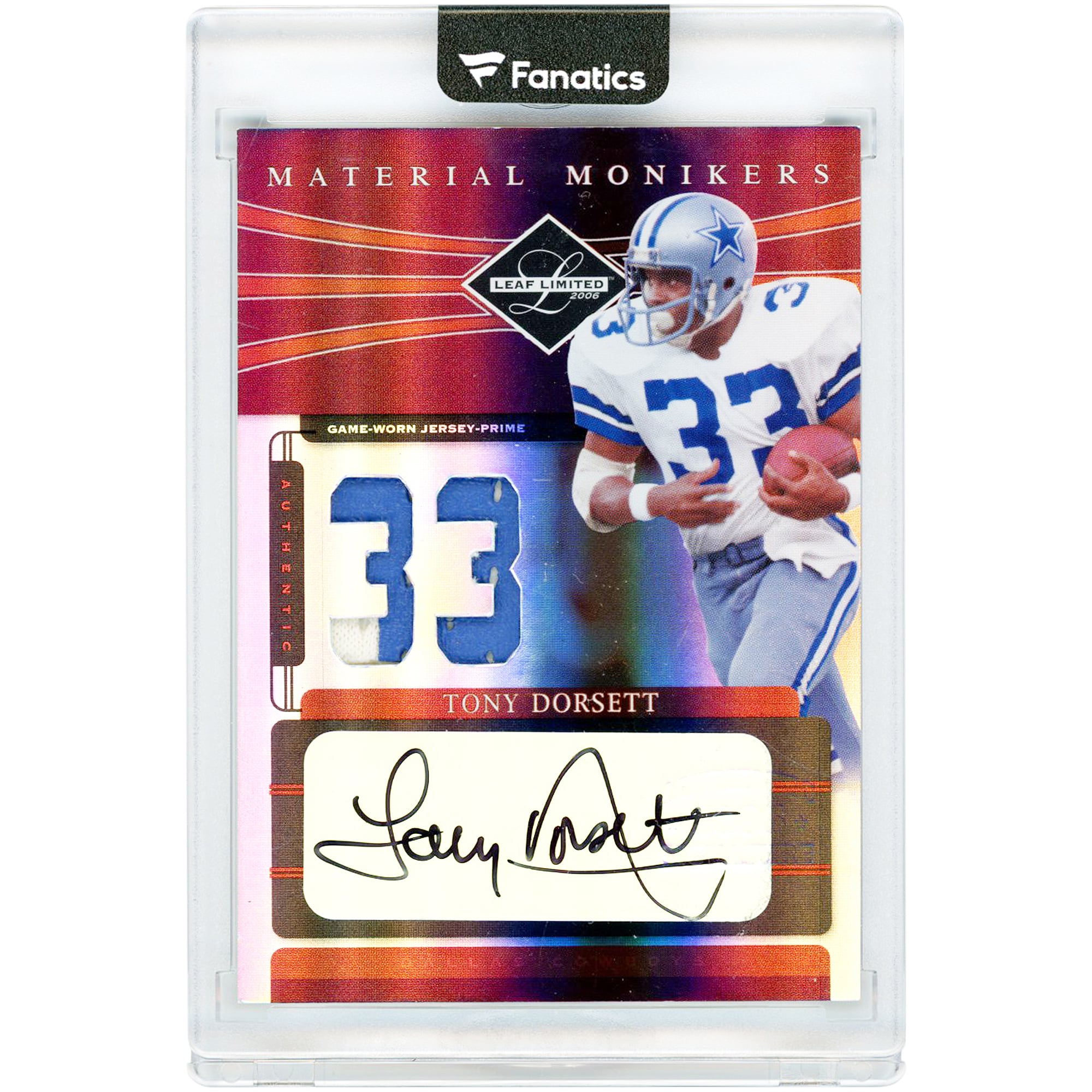 Tony Dorsett Dallas Cowboys Autographed 2006 Leaf Limited Dual Game Used Relics #MM-54 #1/25 Card