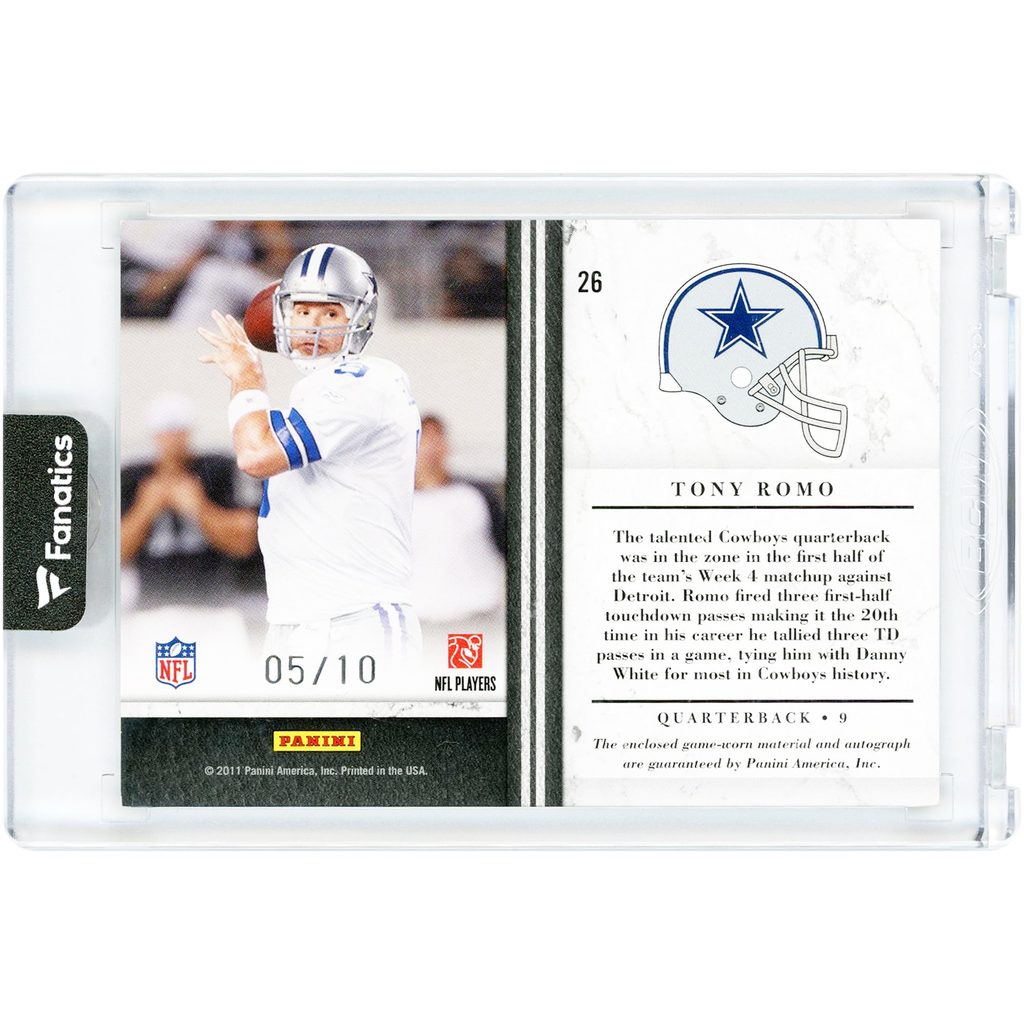 Tony Romo Dallas Cowboys Autographed 2011 Panini Leaf Limited Game Used Jersey Relic #26 #5/10 Card