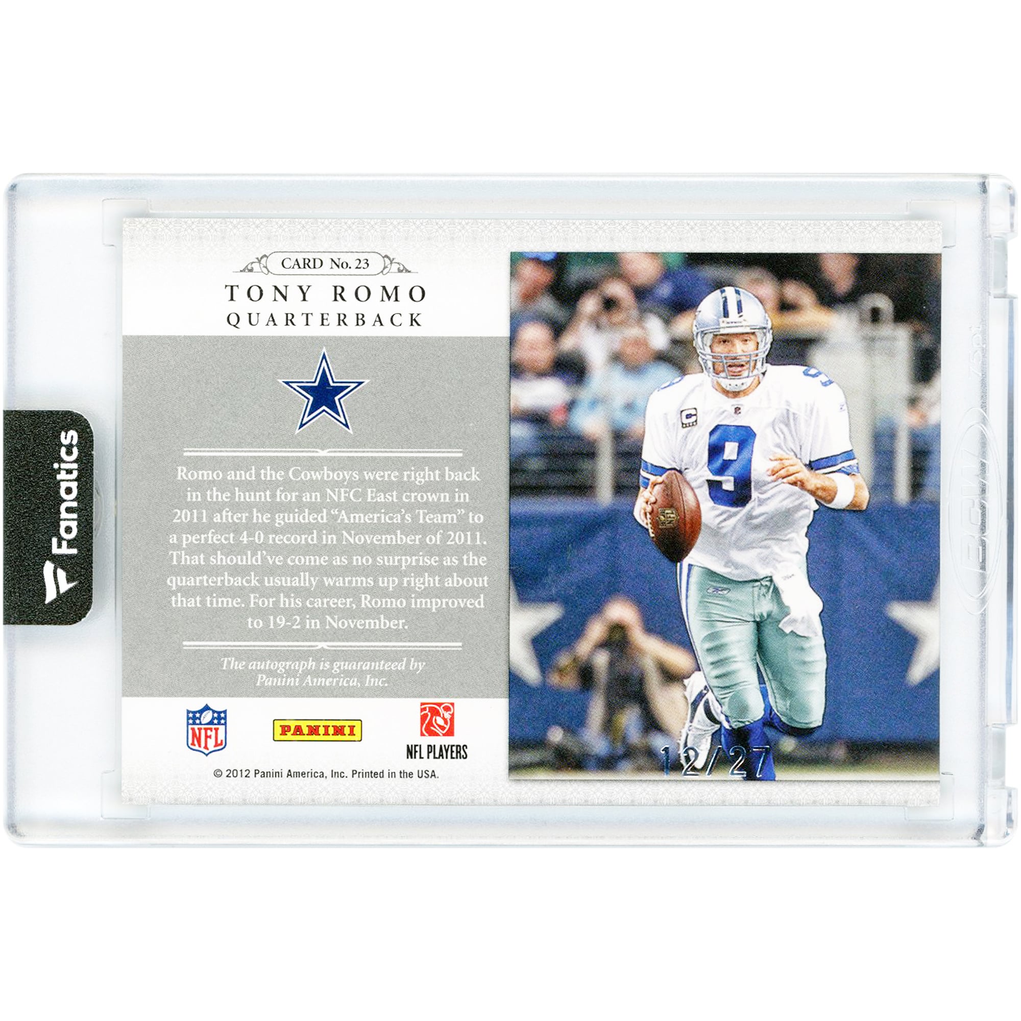 Carte autographiée de Tony Romo (Dallas Cowboys) - Collection Panini Playoff National Treasures 2012, n° 23, n° 12/27