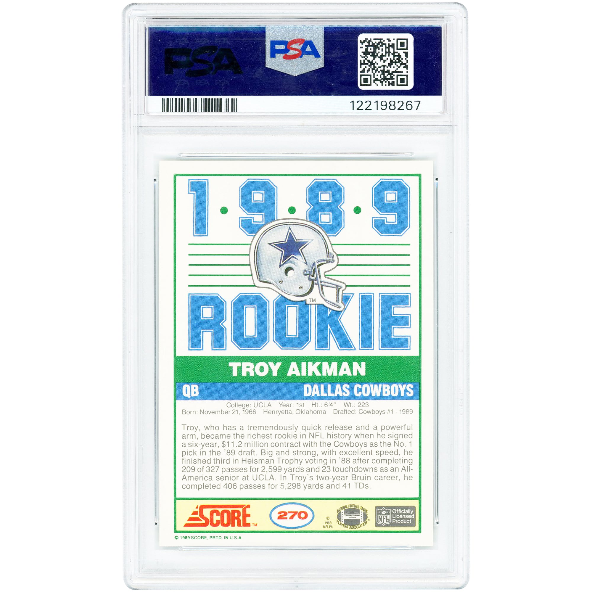 Troy Aikman Dallas Cowboys 1989 Score #270 PSA Authenticated 10 Rookie Card