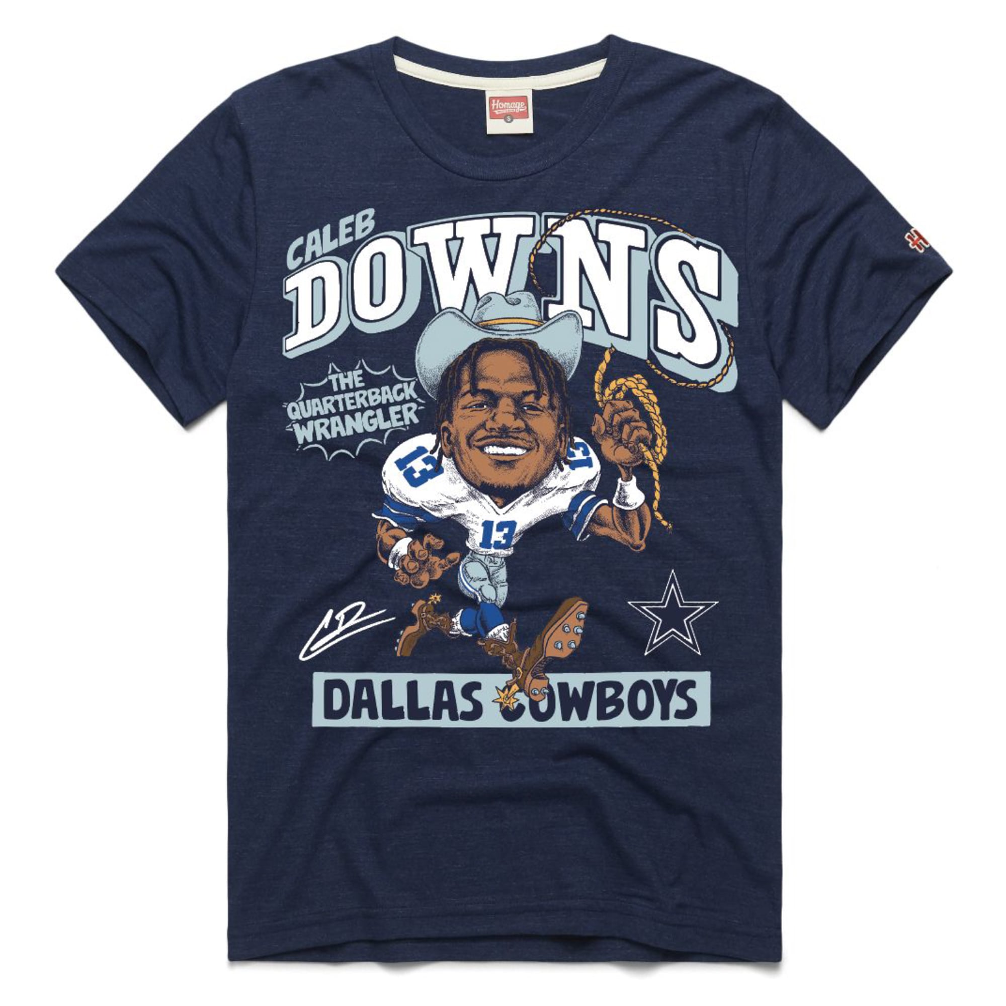 T-shirt unisexe en mélange de trois matières, hommage à Caleb Downs, Dallas Cowboys, bleu marine, caricature du joueur
