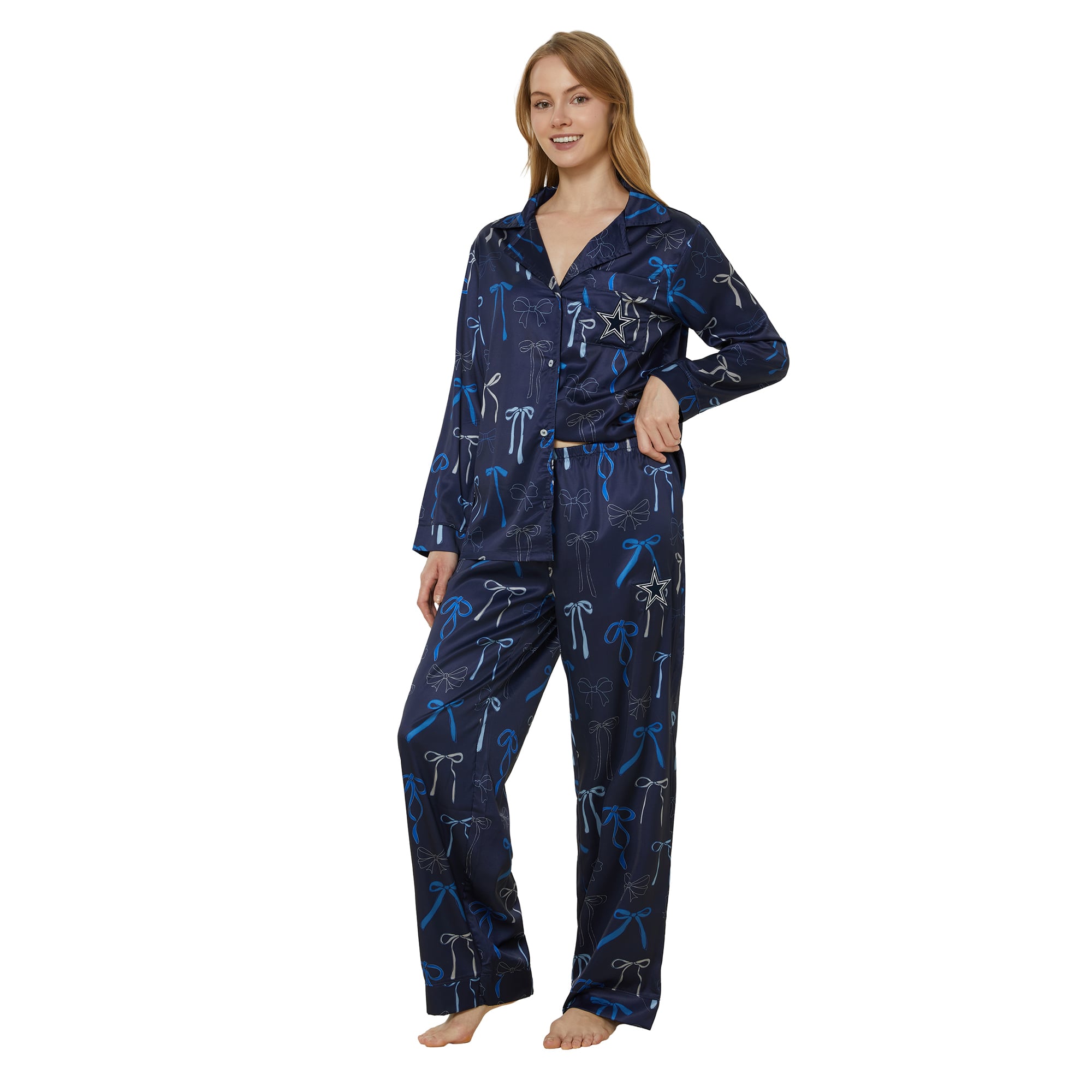 Ensemble pyjama Concepts Sport pour femme, haut à manches longues et pantalon en satin bleu marine Dallas Cowboys Poppy.