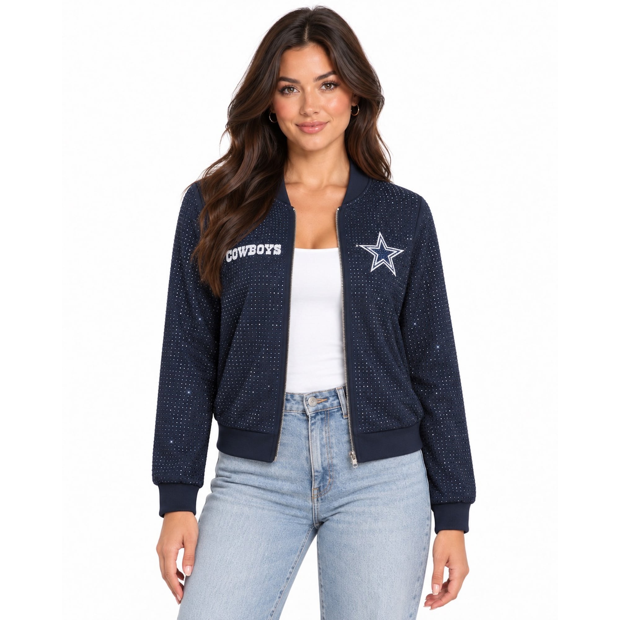 Veste bomber zippée intégrale FABGATING by Cuce bleu marine Dallas Cowboys Crystal pour femme