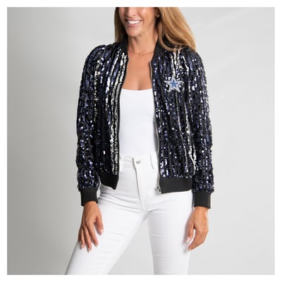  Dallas Cowboys FABGATING by Cuce Women's Slim Fit Sequin Striped Full-Zip Bomber Jacket - Navy