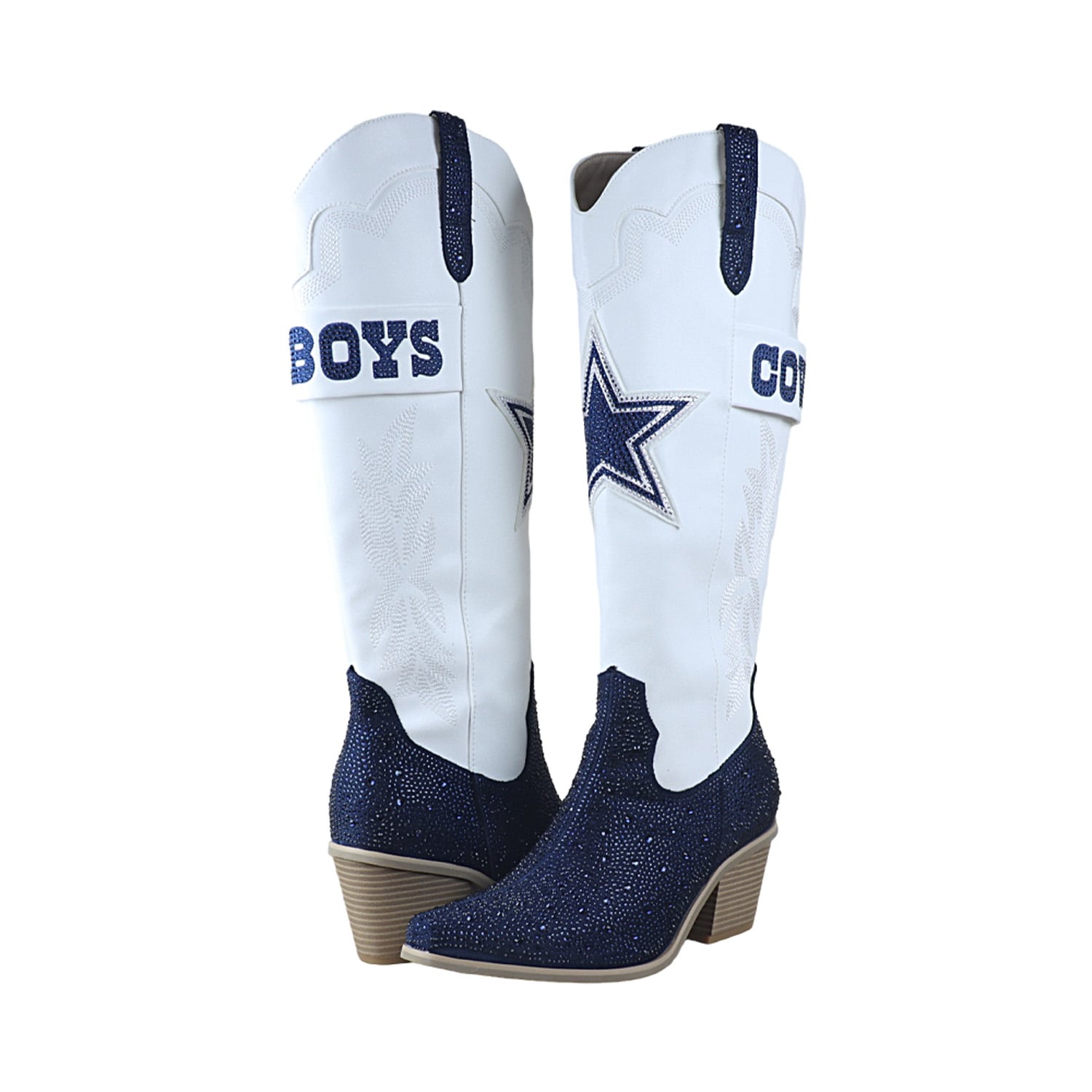 Bottes de cowboy blanches à cristaux FABGATING by Cuce pour femmes, inspirées des Dallas Cowboys.