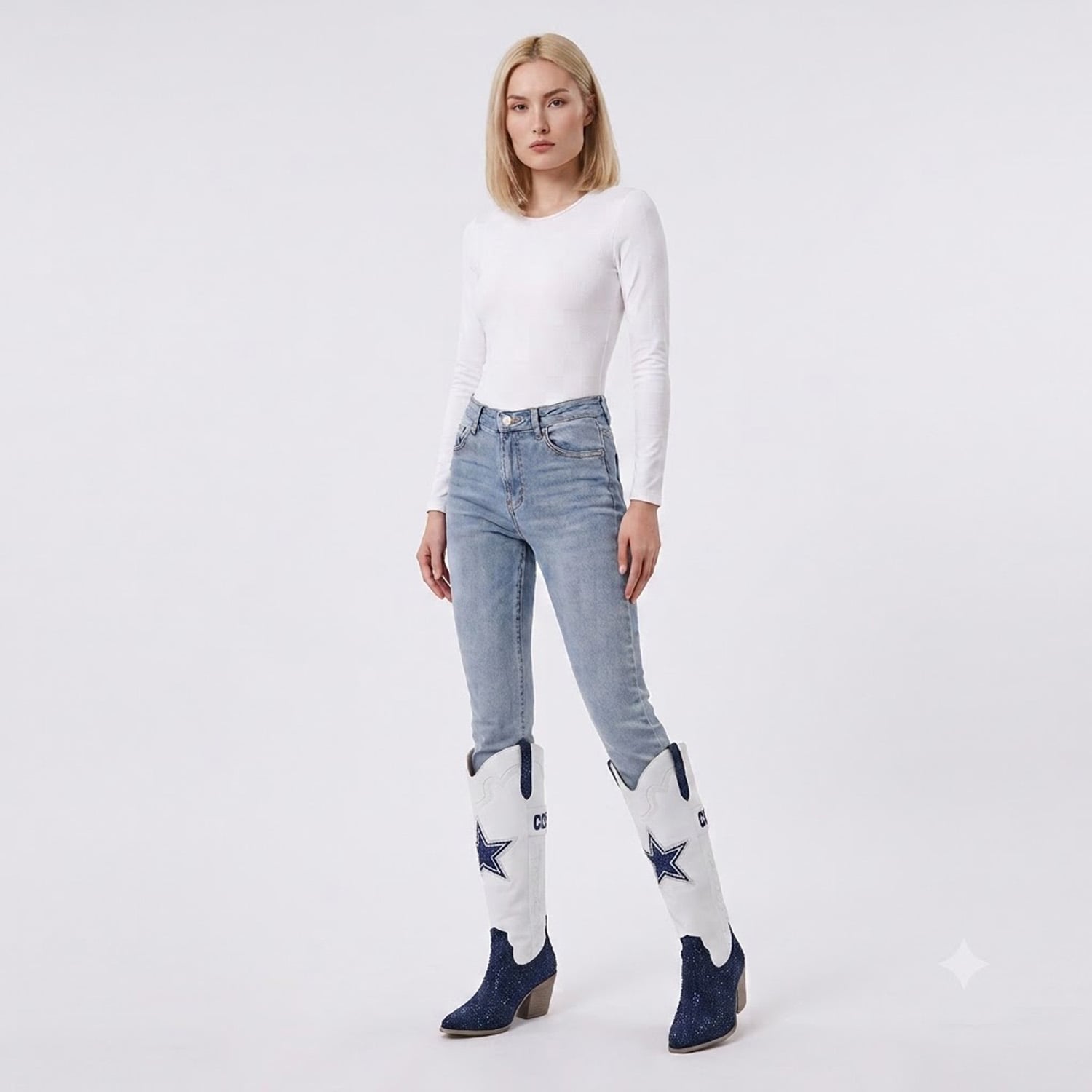 Bottes de cowboy blanches à cristaux FABGATING by Cuce pour femmes, inspirées des Dallas Cowboys.