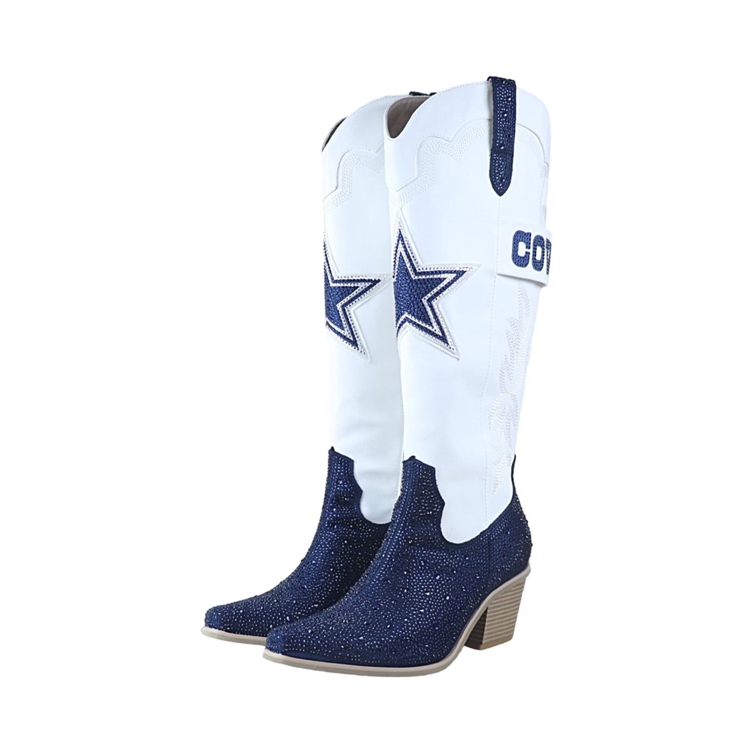 Bottes de cowboy blanches à cristaux FABGATING by Cuce pour femmes, inspirées des Dallas Cowboys.