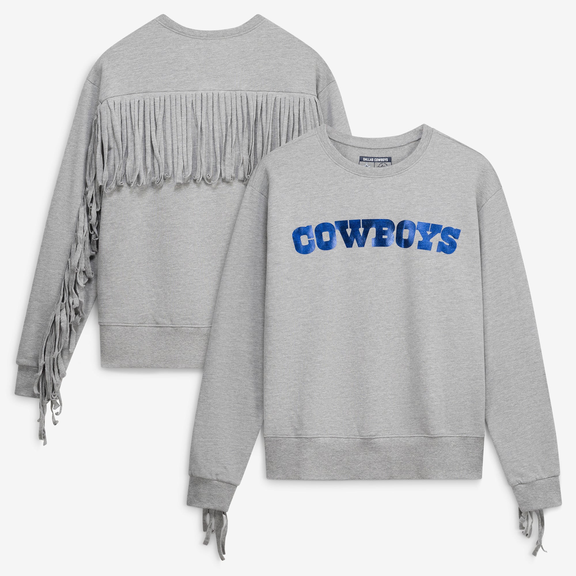 Women's Lauren James Heather Gray Dallas Cowboys Foil Fringe Fleece Sweatshirt