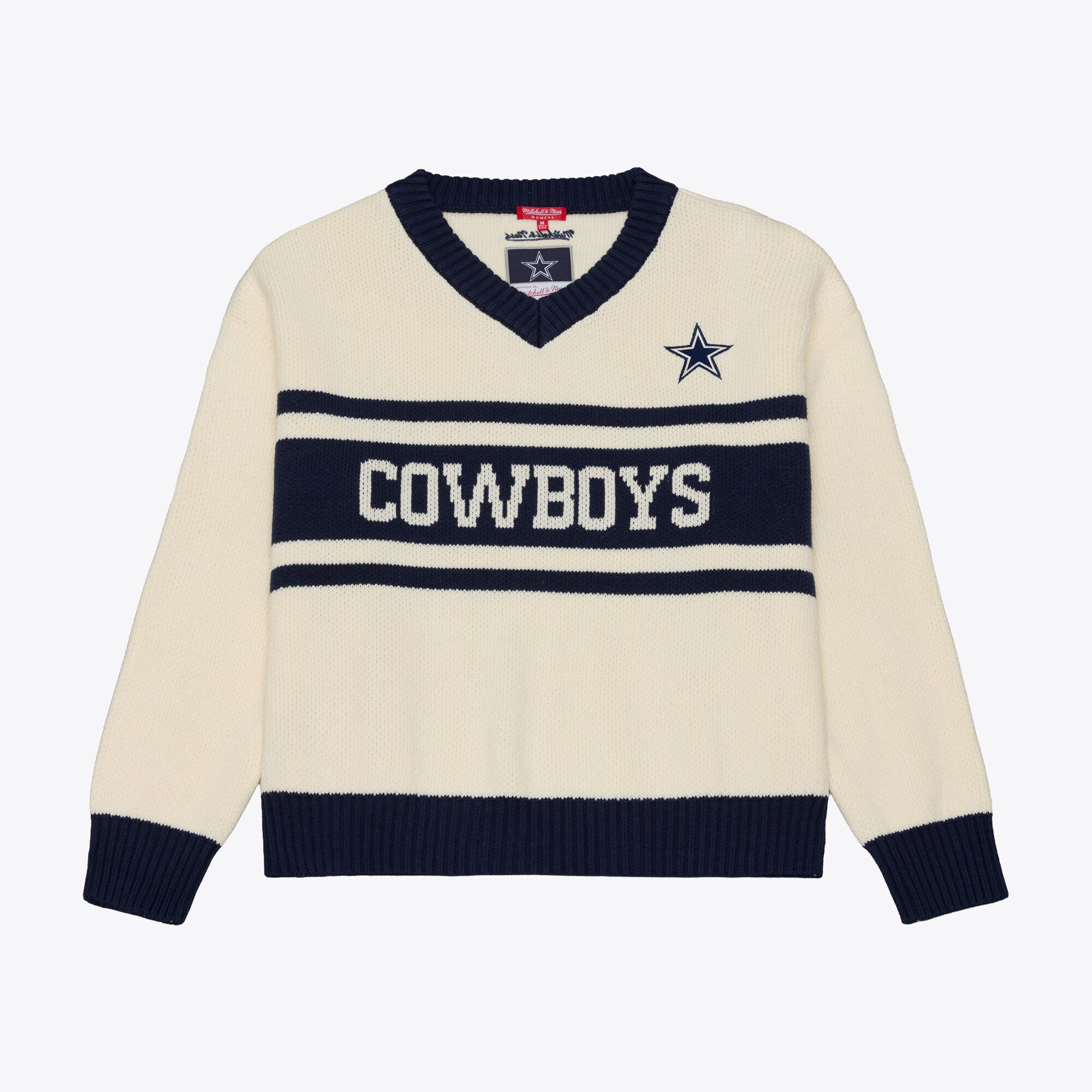 Women's Mitchell & Ness Cream/Navy Dallas Cowboys Retro Roots V-Neck Sweater