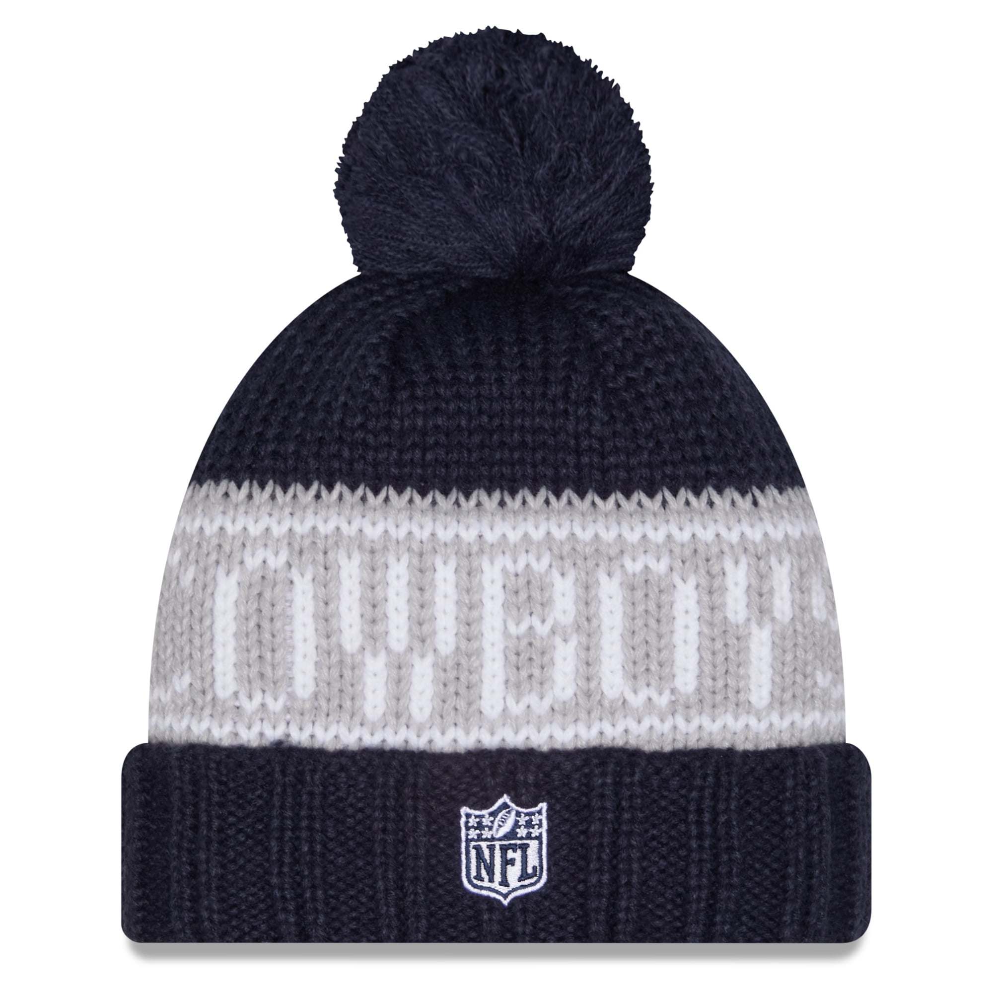 Bonnet d'hiver à revers New Era bleu marine Dallas Cowboys 2026 pour femme, avec pompon.