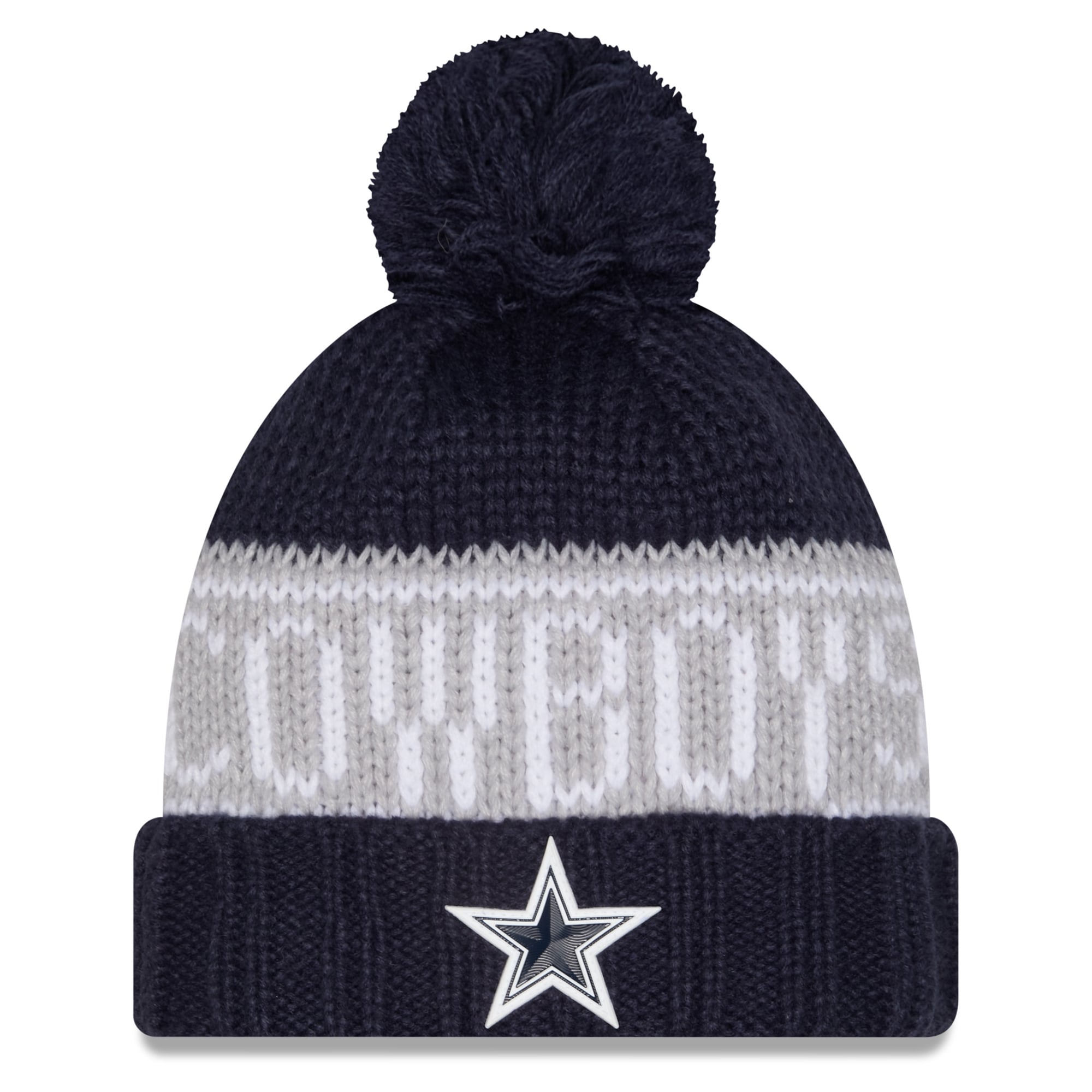 Bonnet d'hiver à revers New Era bleu marine Dallas Cowboys 2026 pour femme, avec pompon.