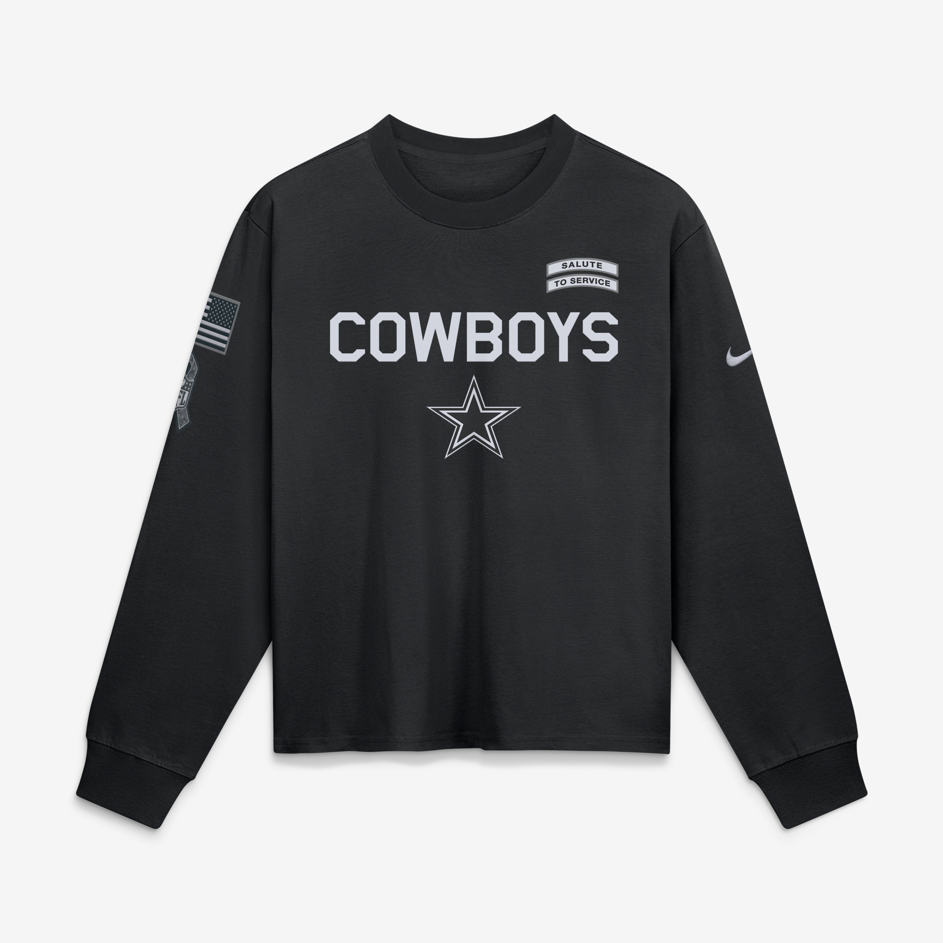 T-shirt à manches longues Nike Dallas Cowboys noir pour femme, édition spéciale 2026 « Salute to Service ».