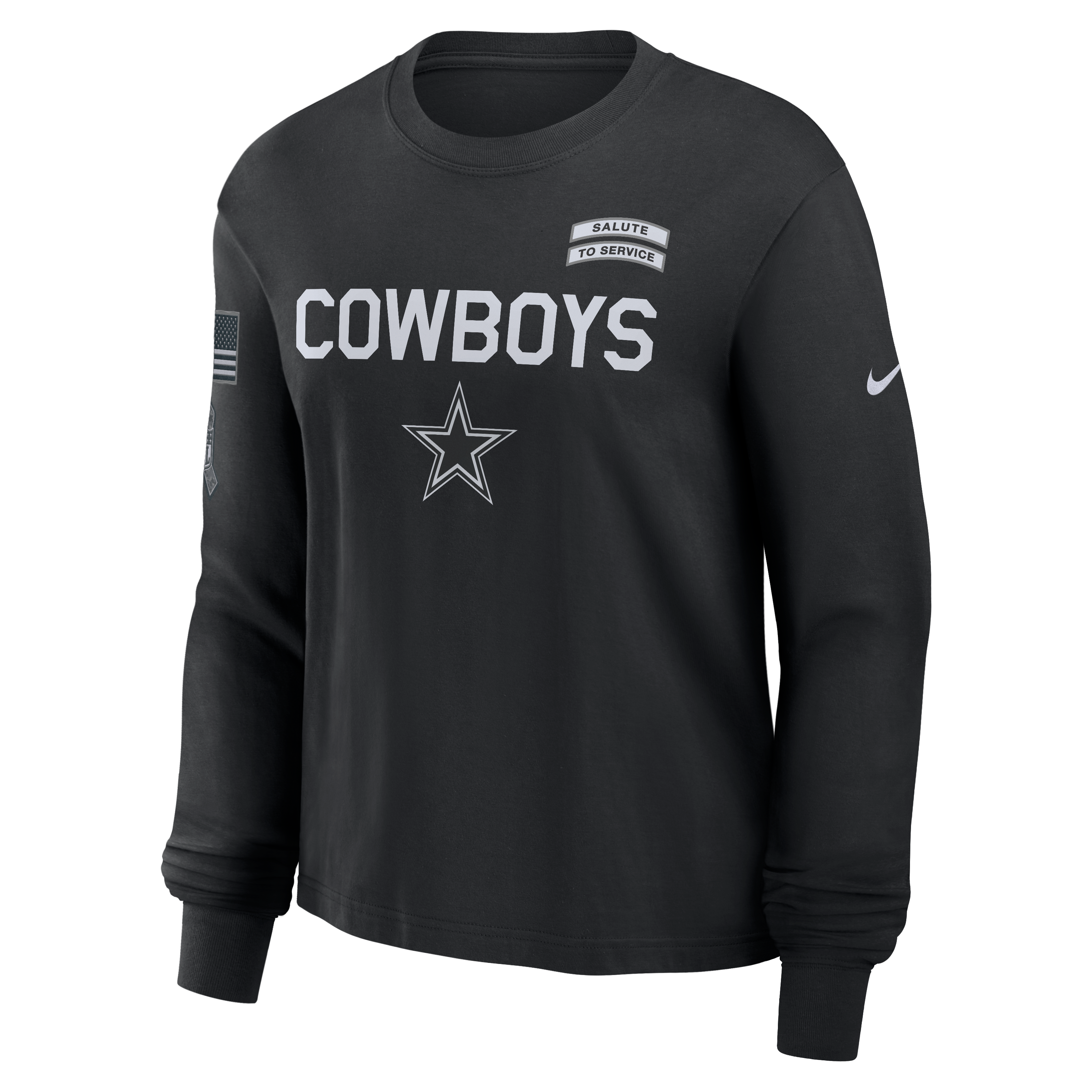 T-shirt à manches longues Nike Dallas Cowboys noir pour femme, édition spéciale 2026 « Salute to Service ».