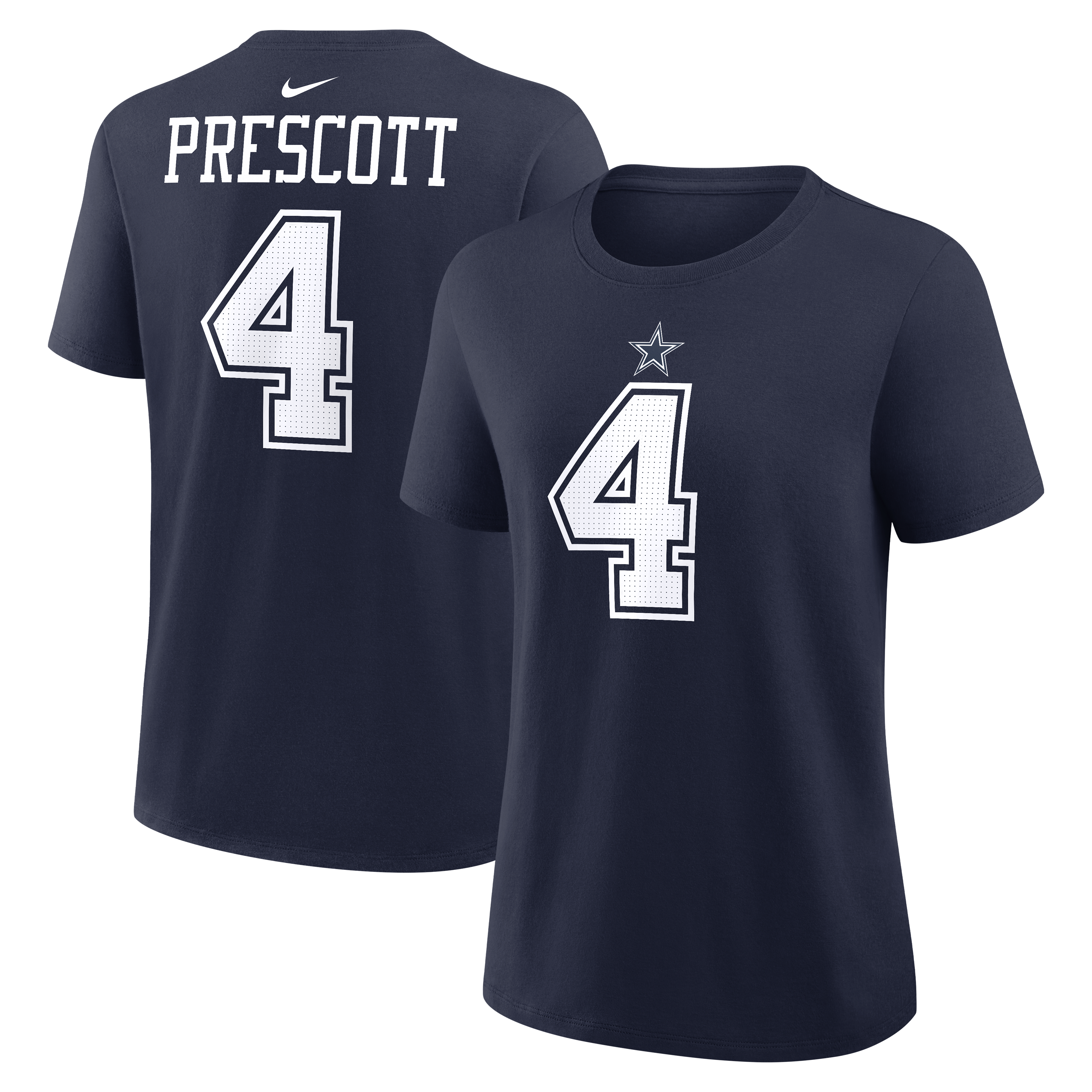 T-shirt Nike Dak Prescott bleu marine pour femme, avec nom et numéro des Dallas Cowboys