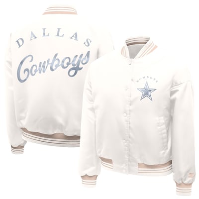 Dallas Cowboys Starter Women's Fashion Script Satin Full-Snap Varsity Jacket - Cream