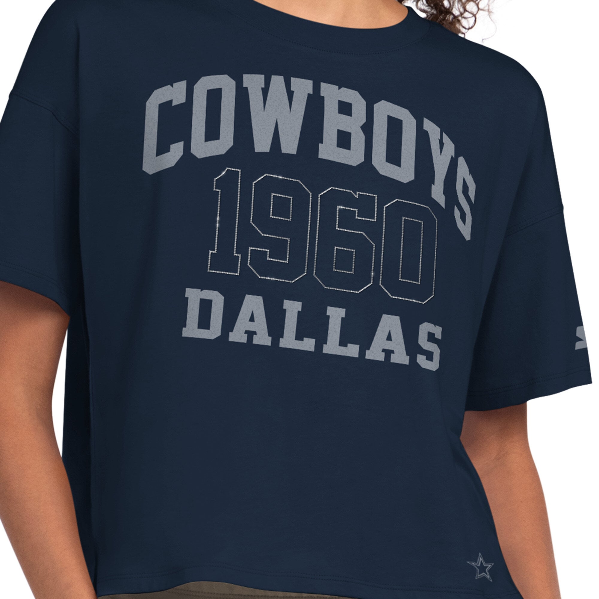 Women's Starter Navy Dallas Cowboys Rhinestone Boxy Cropped T-Shirt