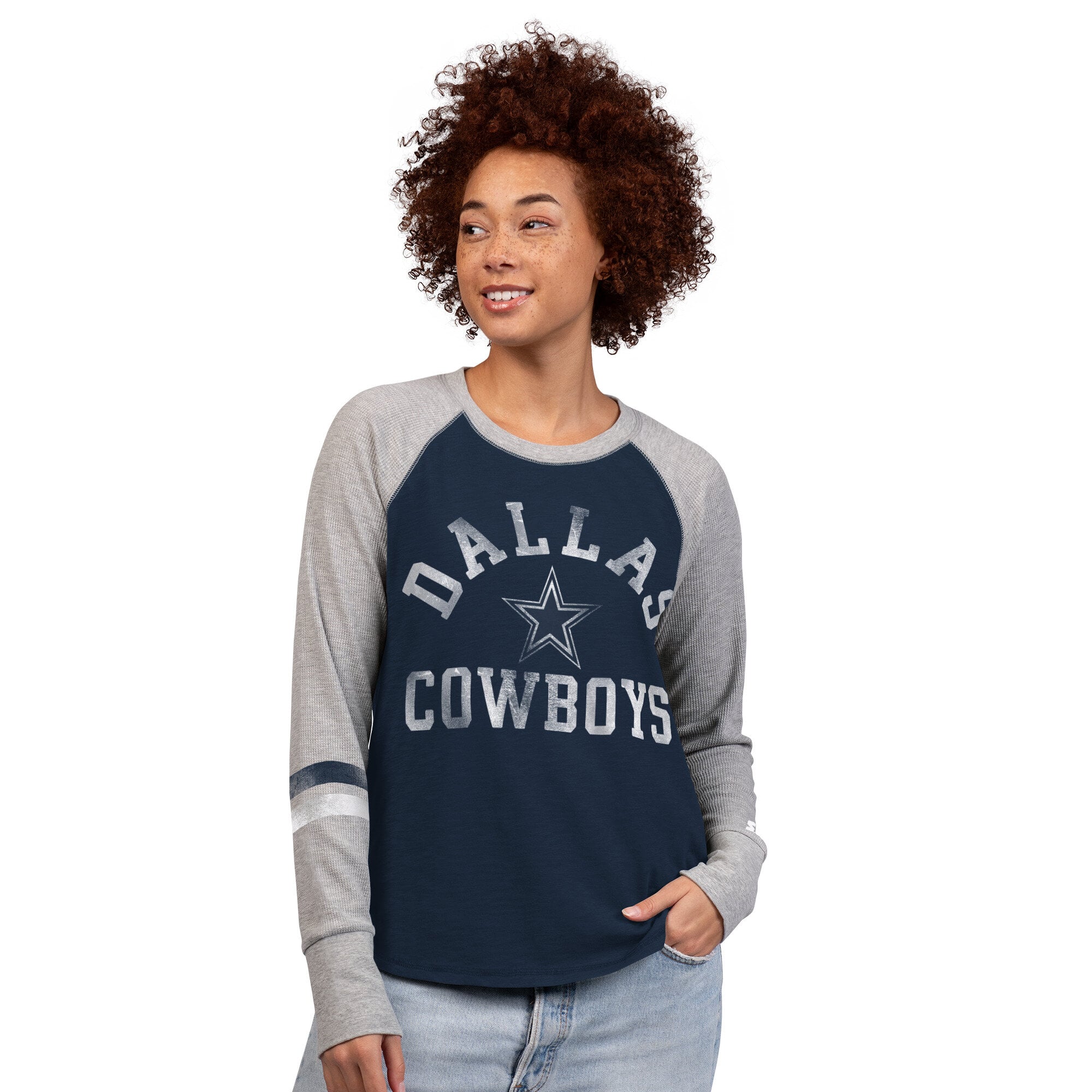 T-shirt à manches longues raglan gaufré Starter bleu marine Dallas Cowboys pour femmes