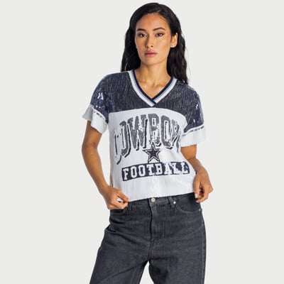  Dallas Cowboys The Wild Collective Women's Sequin V-Neck T-Shirt - White