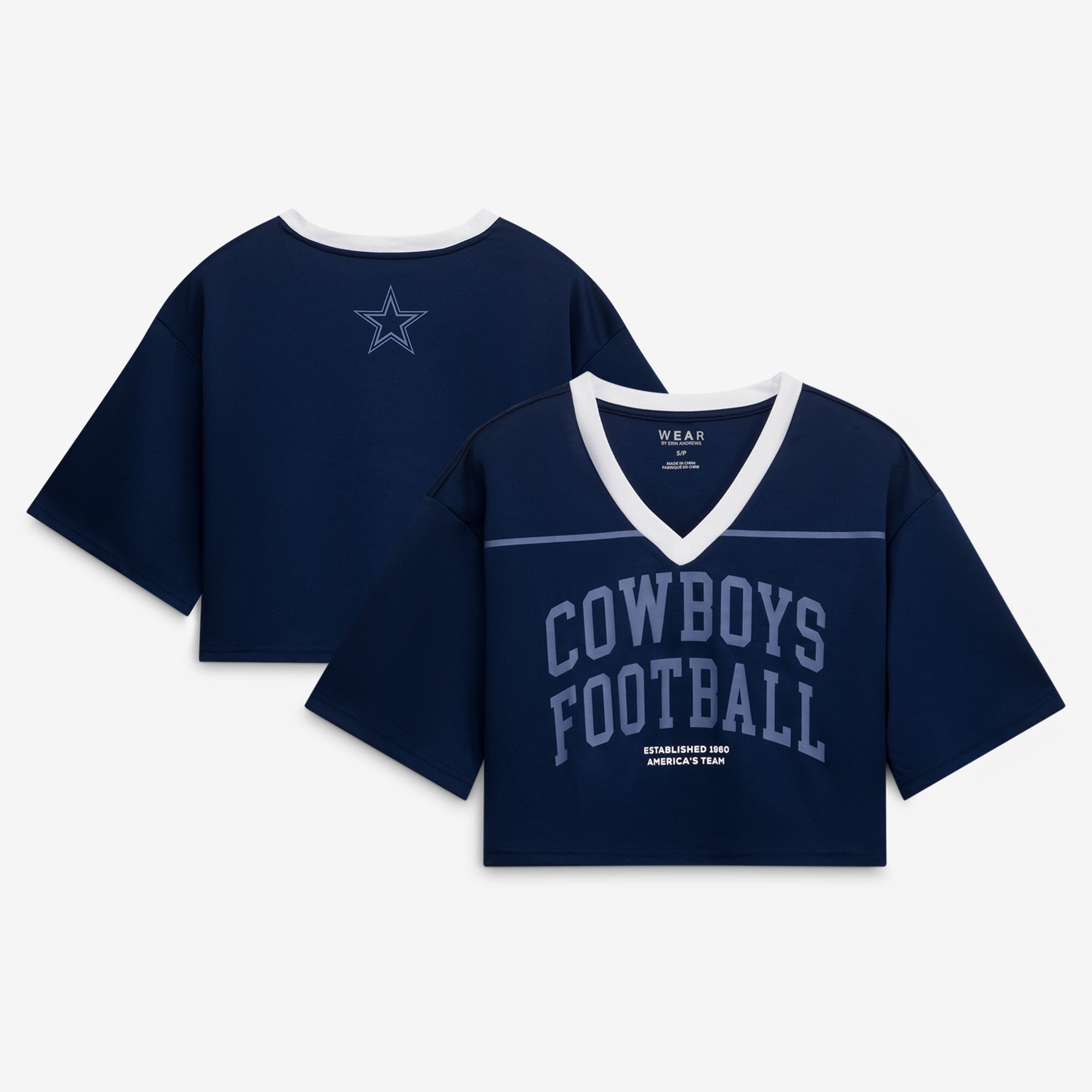 Women's WEAR by Erin Andrews Navy Dallas Cowboys Cropped V-Neck Jersey T-Shirt