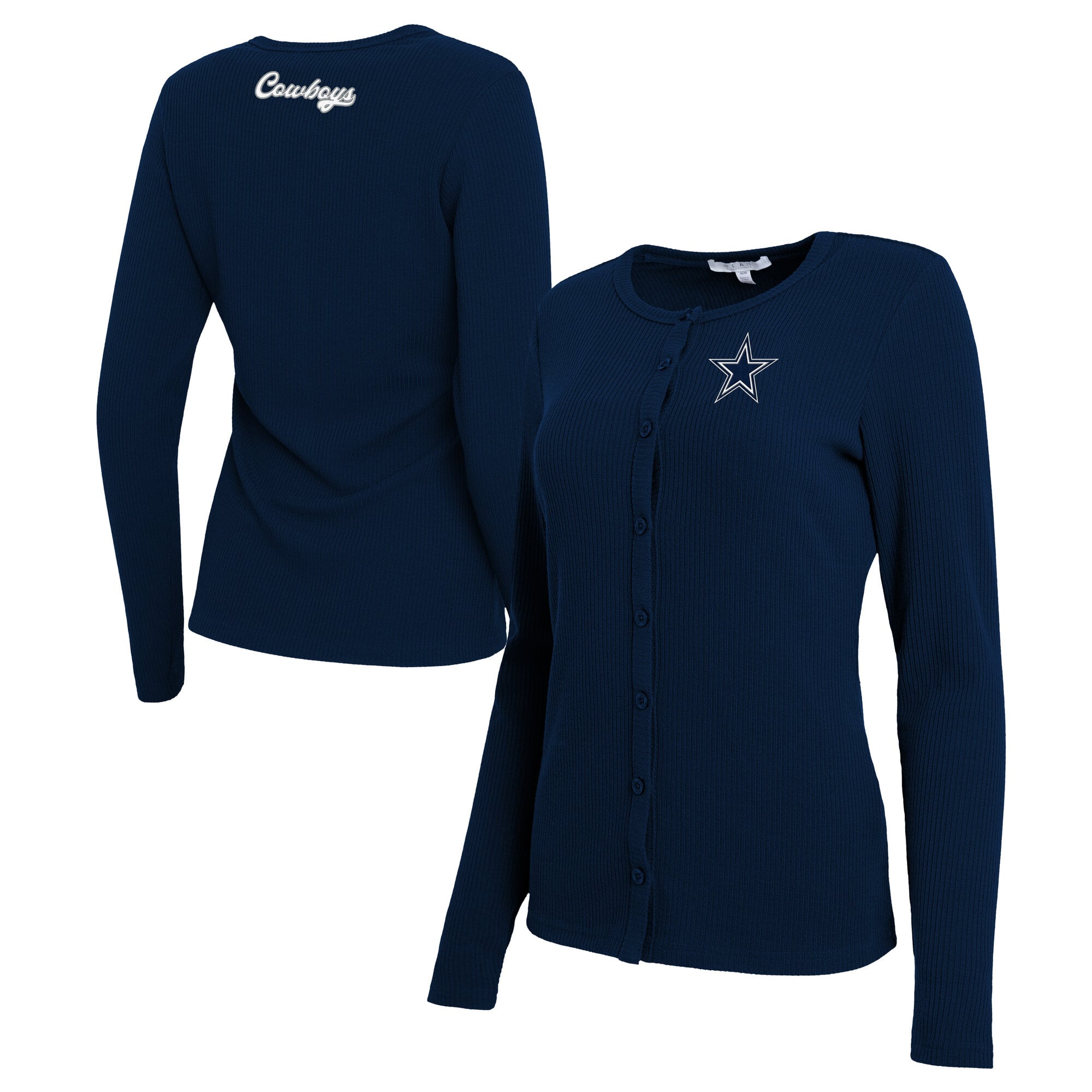 Gilet cardigan côtelé bleu marine à boutons de la marque WEAR by Erin Andrews pour femme, aux couleurs des Dallas Cowboys.