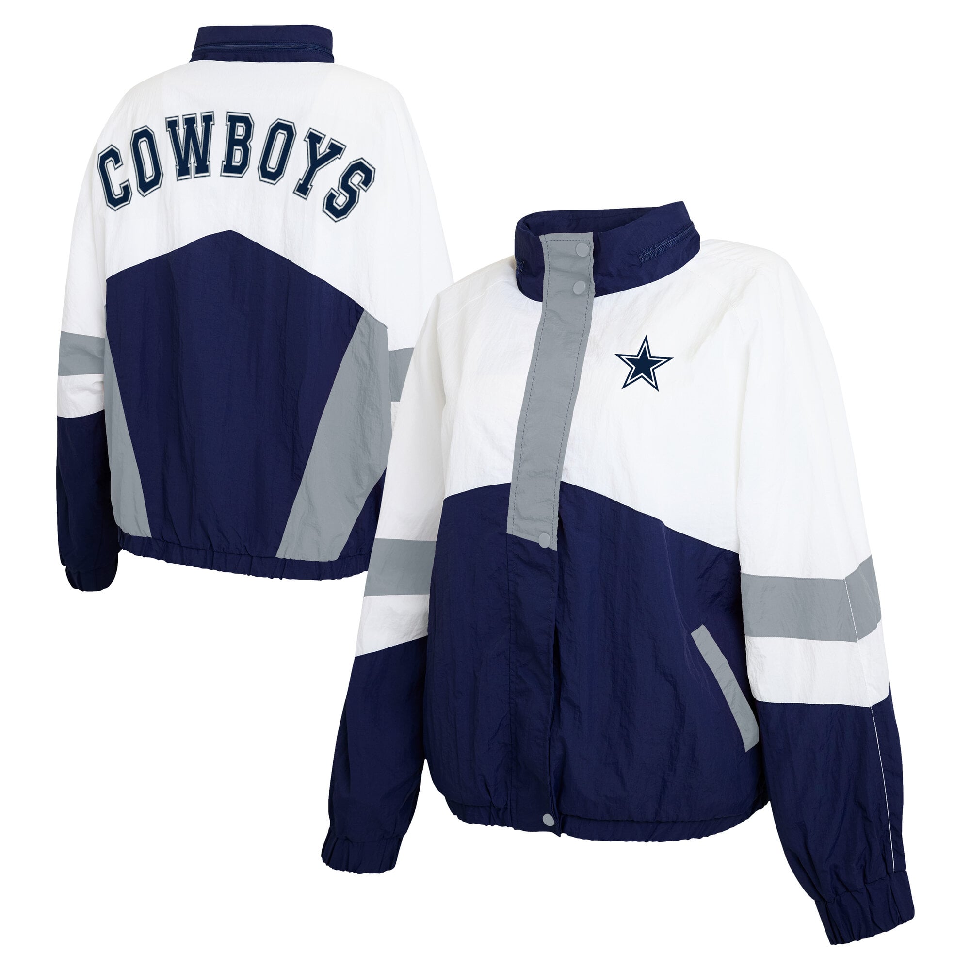 Women's WEAR by Erin Andrews  White/Navy Dallas Cowboys Crinkle Full-Zip Hooded Windbreaker Jacket