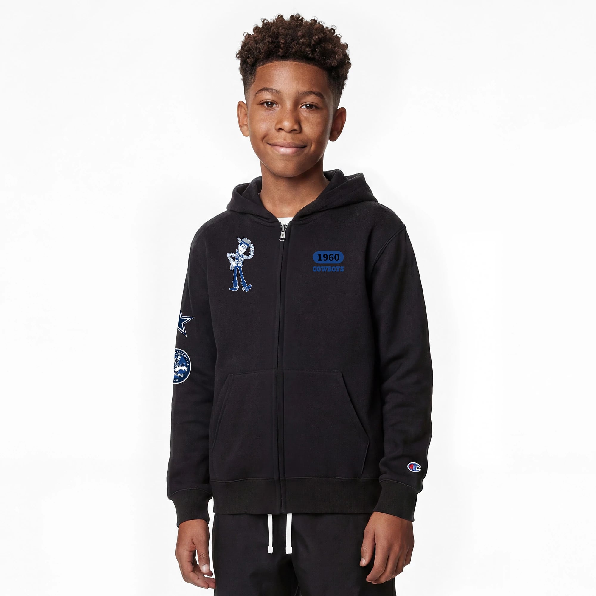 Youth Disney x Champion Black Dallas Cowboys Woody Collection Full-Zip Hoodie