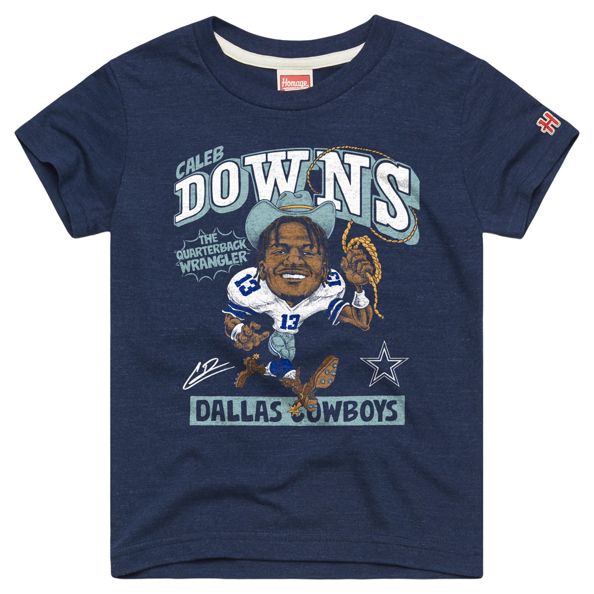 T-shirt caricature de Caleb Downs, des Dallas Cowboys, en hommage aux jeunes
