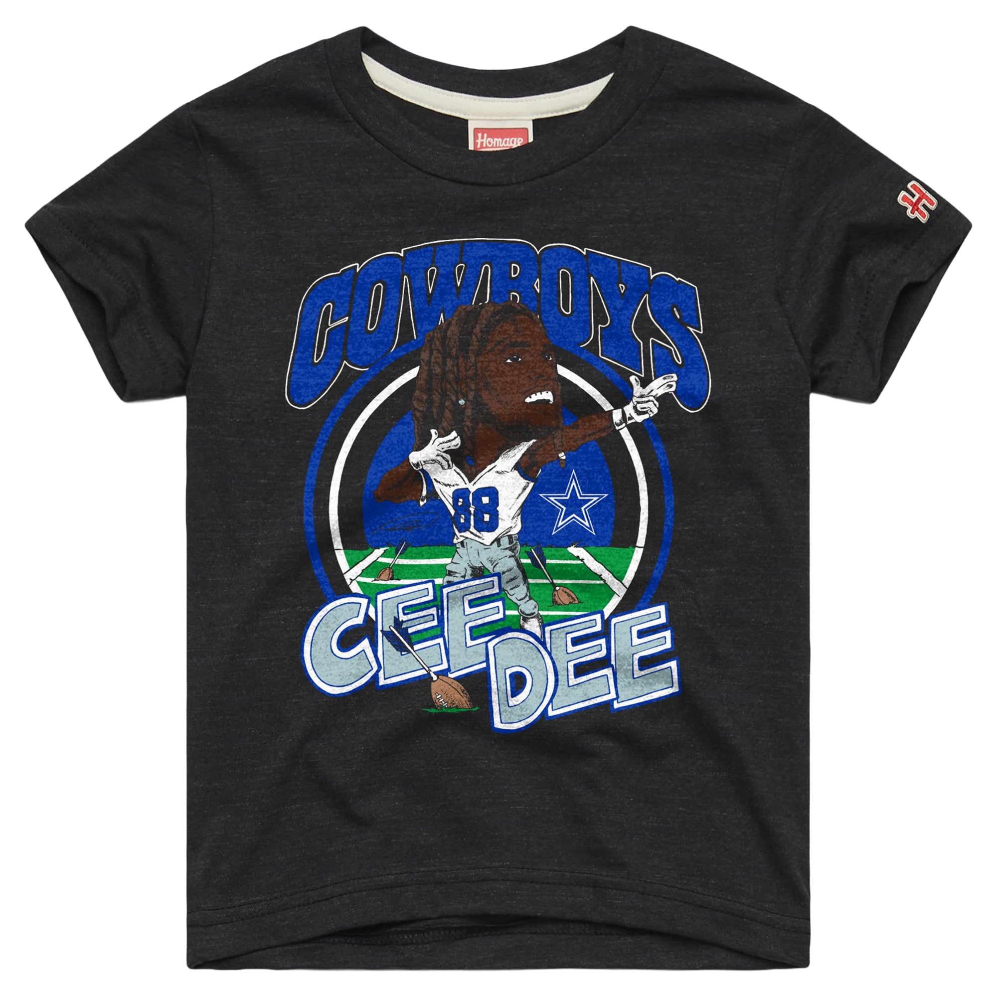 T-shirt caricature CeeDee Lamb bleu marine des Dallas Cowboys, hommage aux jeunes