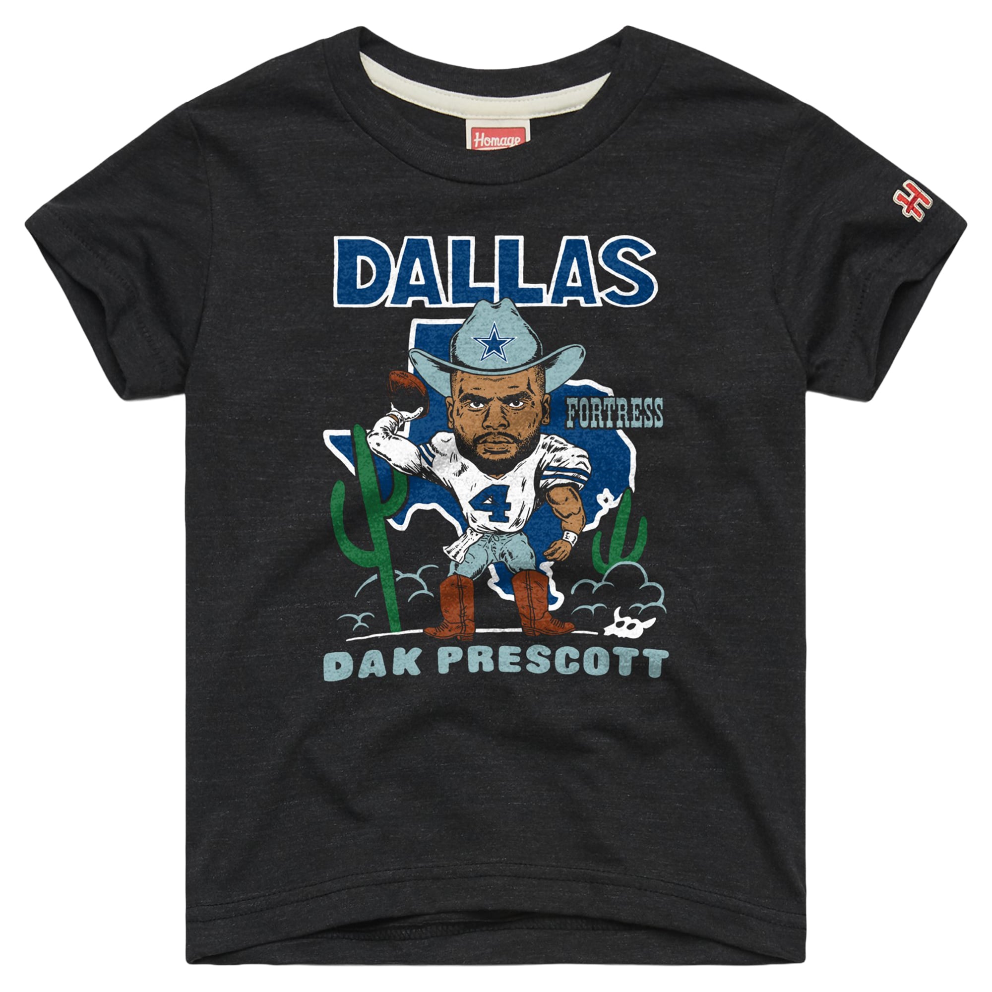T-shirt hommage à Dak Prescott, caricature anthracite des Dallas Cowboys, pour jeunes