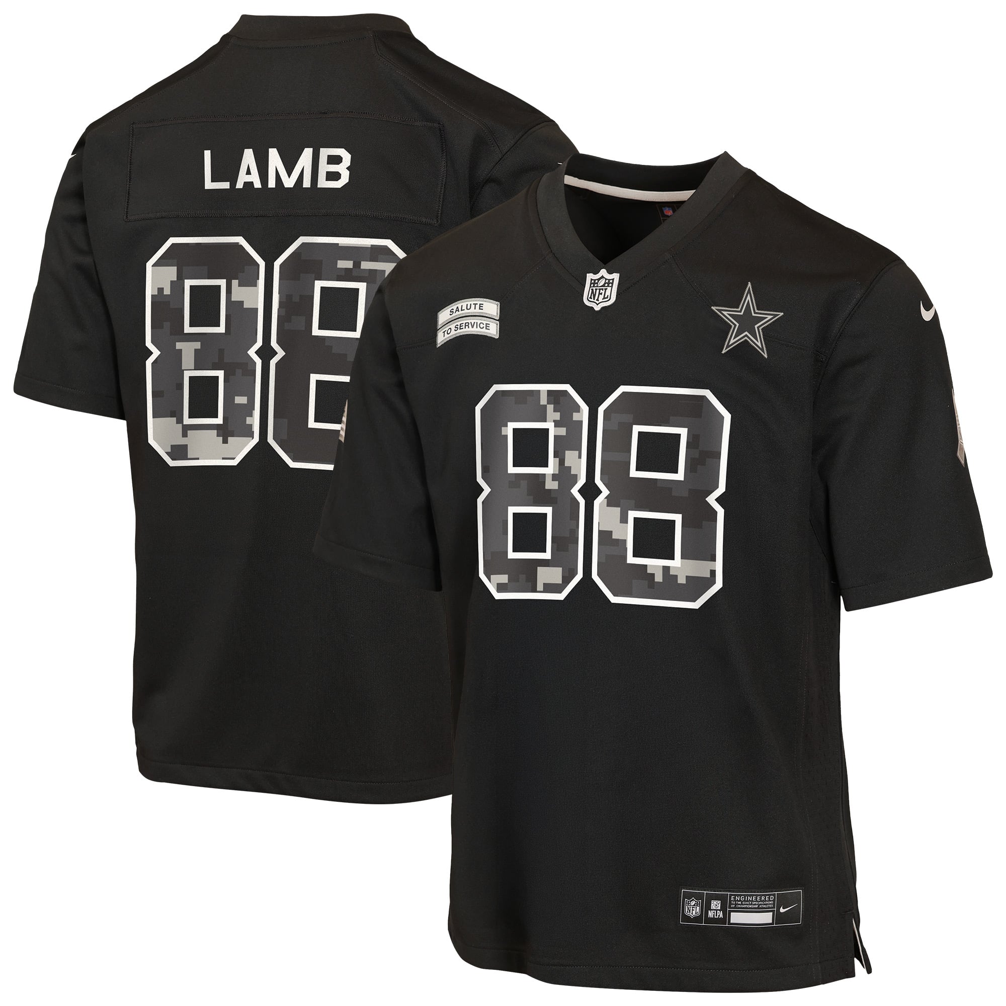 Maillot Nike CeeDee Lamb noir pour enfant, Dallas Cowboys, édition spéciale 2026 « Salute to Service ».