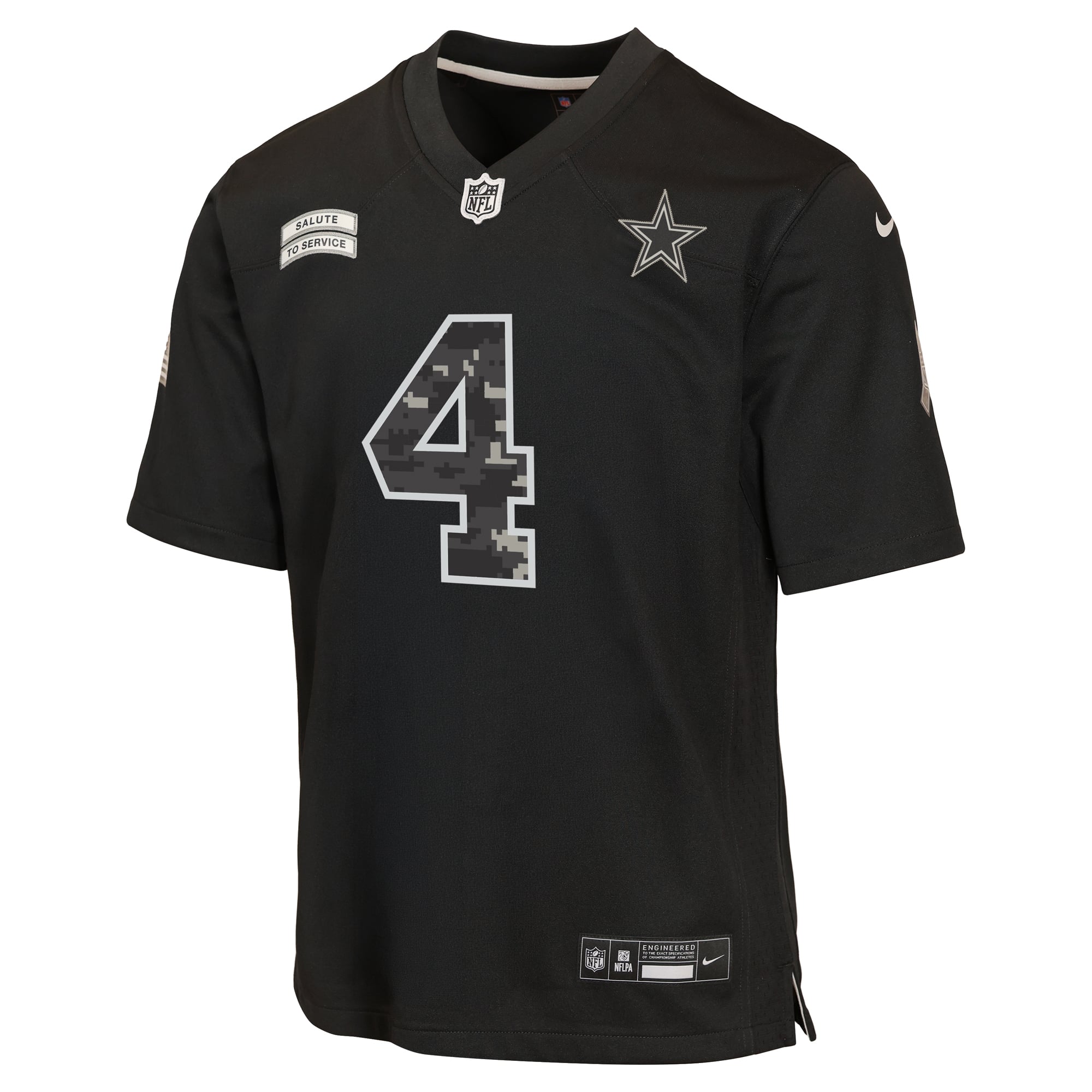 Maillot Nike Dak Prescott noir pour enfant, Dallas Cowboys, édition spéciale 2026 « Salute to Service ».