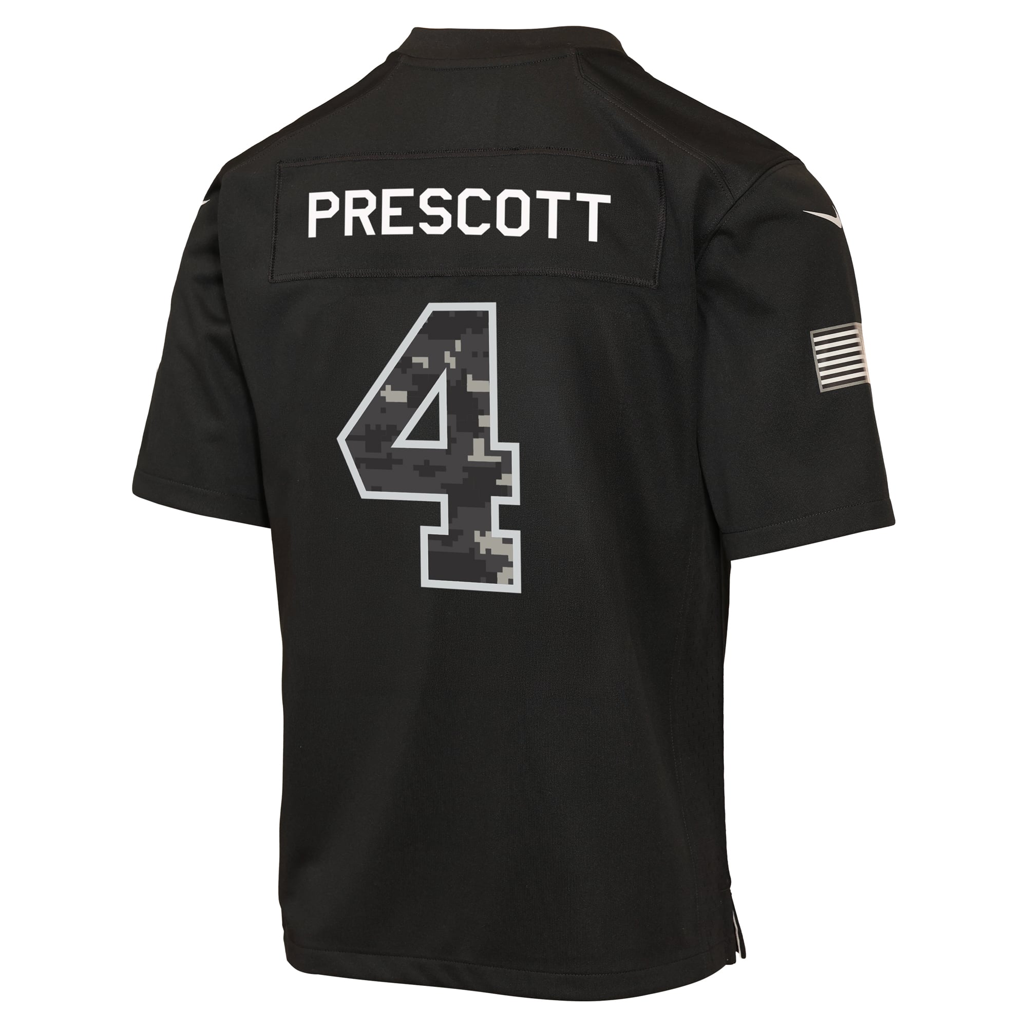 Maillot Nike Dak Prescott noir pour enfant, Dallas Cowboys, édition spéciale 2026 « Salute to Service ».