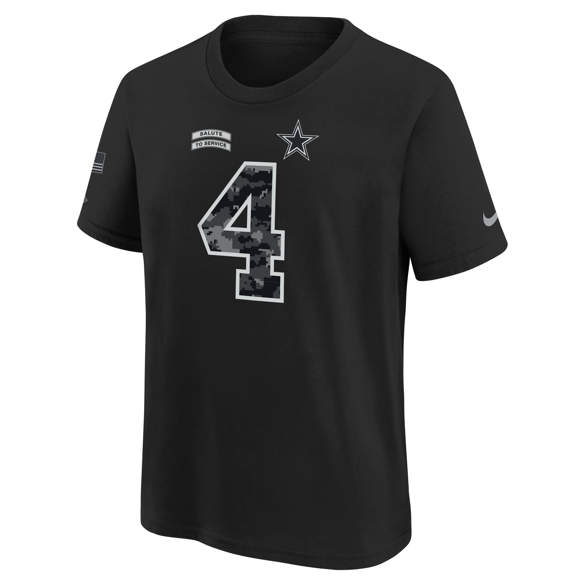 T-shirt Nike Dak Prescott noir Dallas Cowboys 2026 Salute to Service pour jeunes, avec nom et numéro