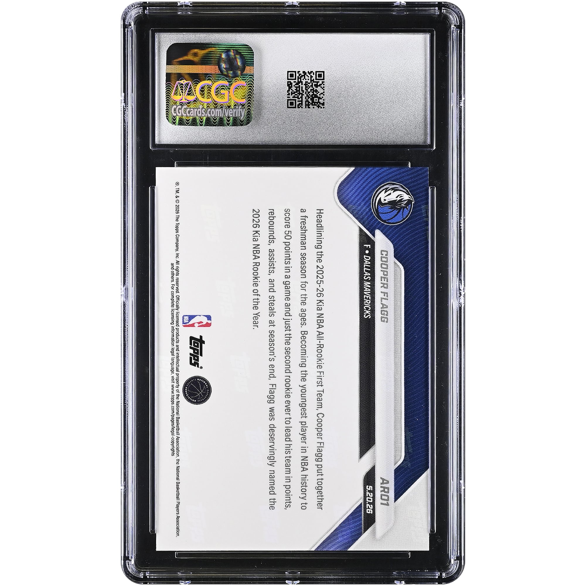 Carte de recrue Cooper Flagg Dallas Mavericks 2025-26 Topps Now All-Rookie #AR01 authentifiée CGC GEM MINT 10