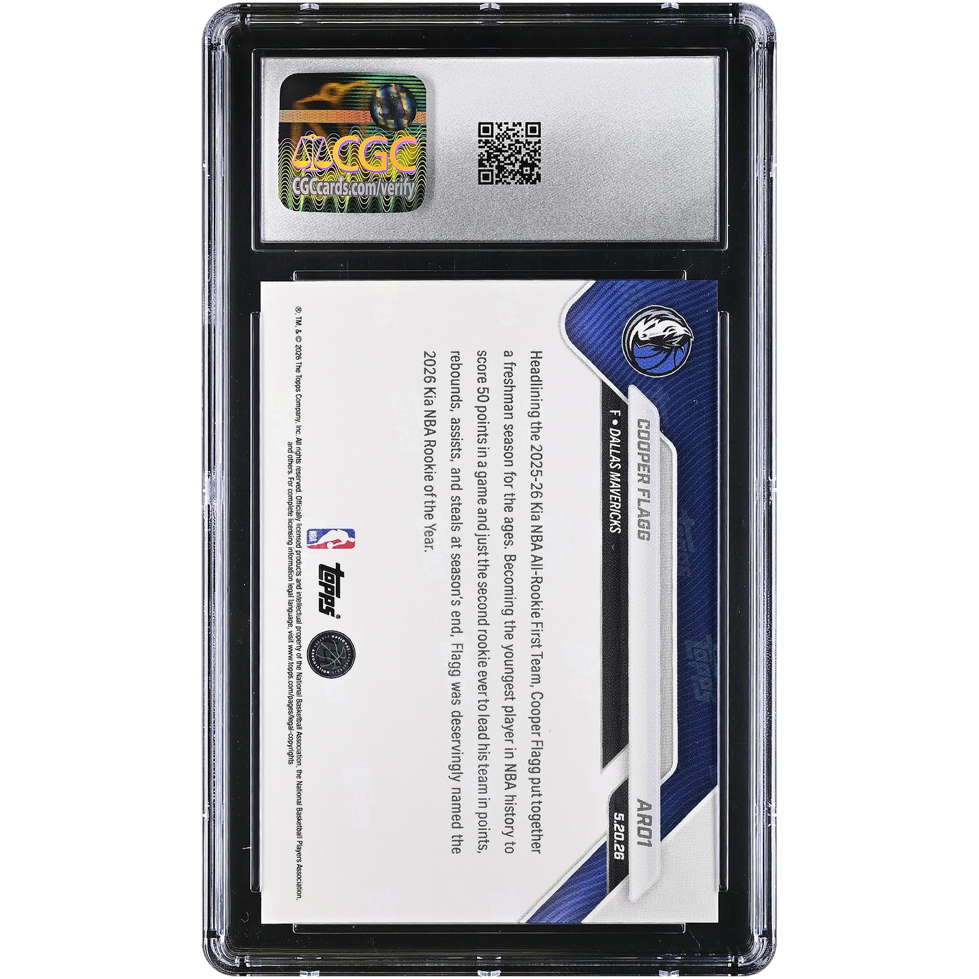 Carte de recrue Cooper Flagg Dallas Mavericks 2025-26 Topps Now All-Rookie #AR01 authentifiée CGC MINT+ 9.5