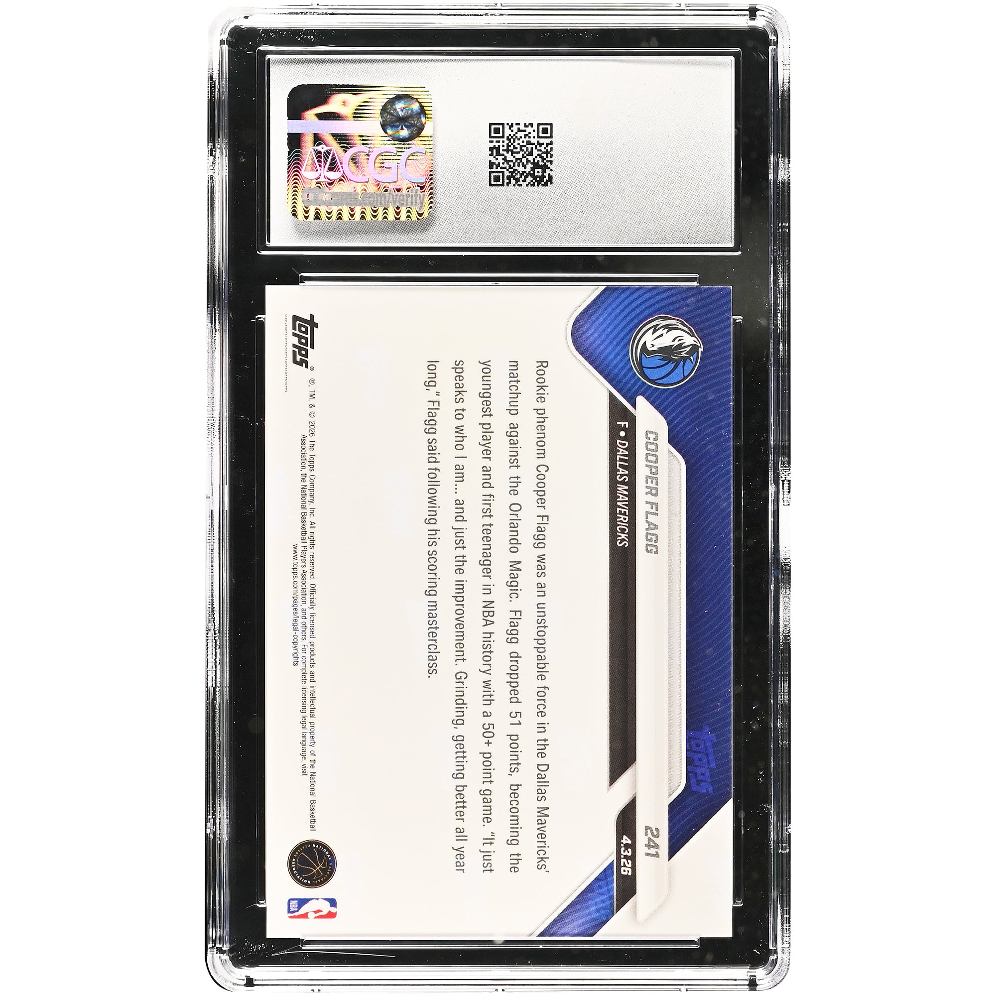 Carte de recrue de Cooper Flagg (Dallas Mavericks) 2025-26 Topps Now, plus jeune joueur de l'histoire de la NBA à avoir marqué plus de 50 points, n° 241