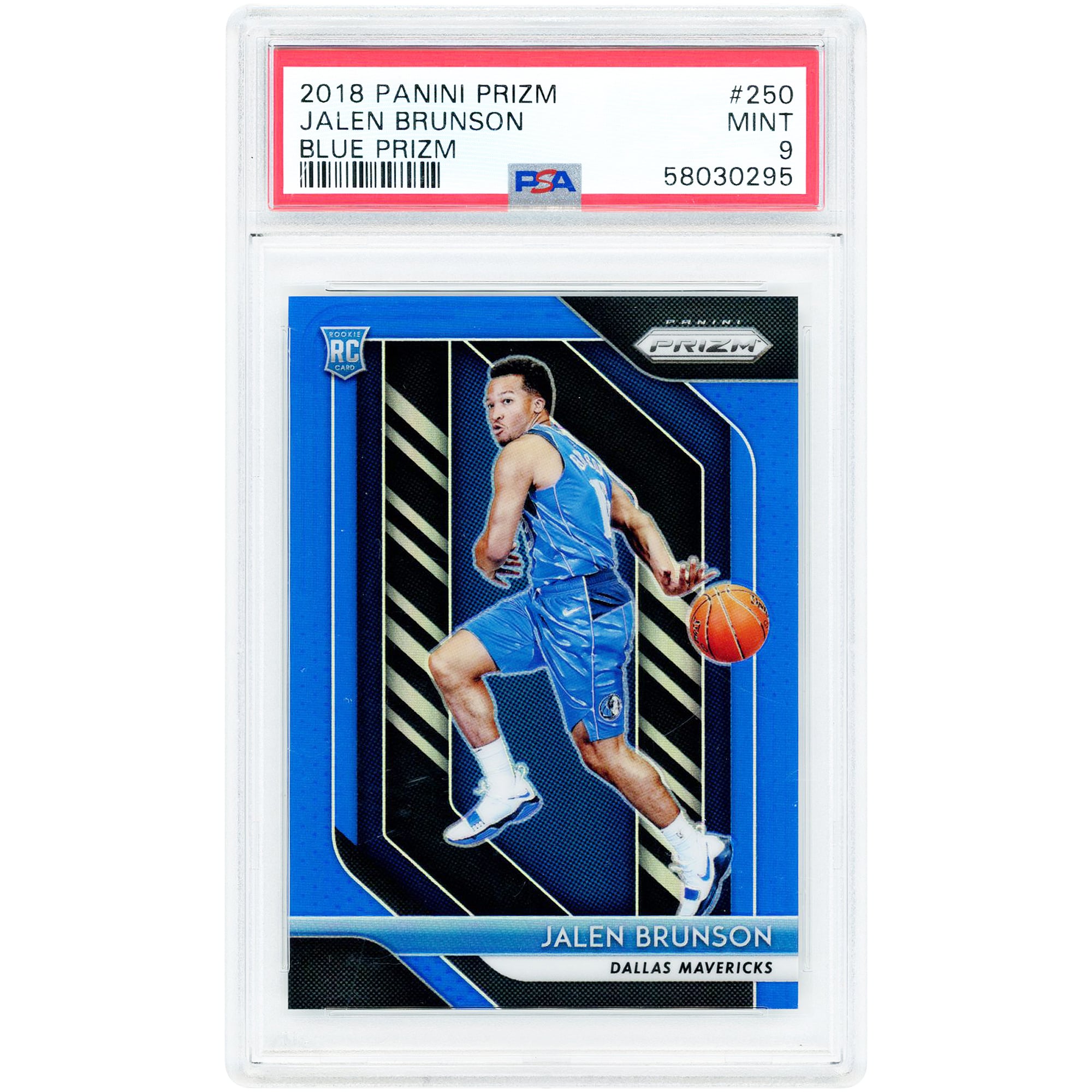 Carte recrue Jalen Brunson Dallas Mavericks 2018-19 Panini Prizm Blue Prizm n° 250, n° 151/199, authentifiée PSA 9