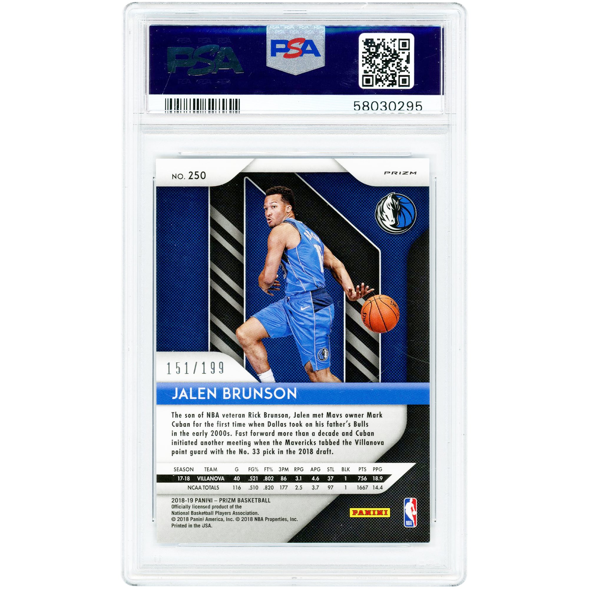Carte recrue Jalen Brunson Dallas Mavericks 2018-19 Panini Prizm Blue Prizm n° 250, n° 151/199, authentifiée PSA 9