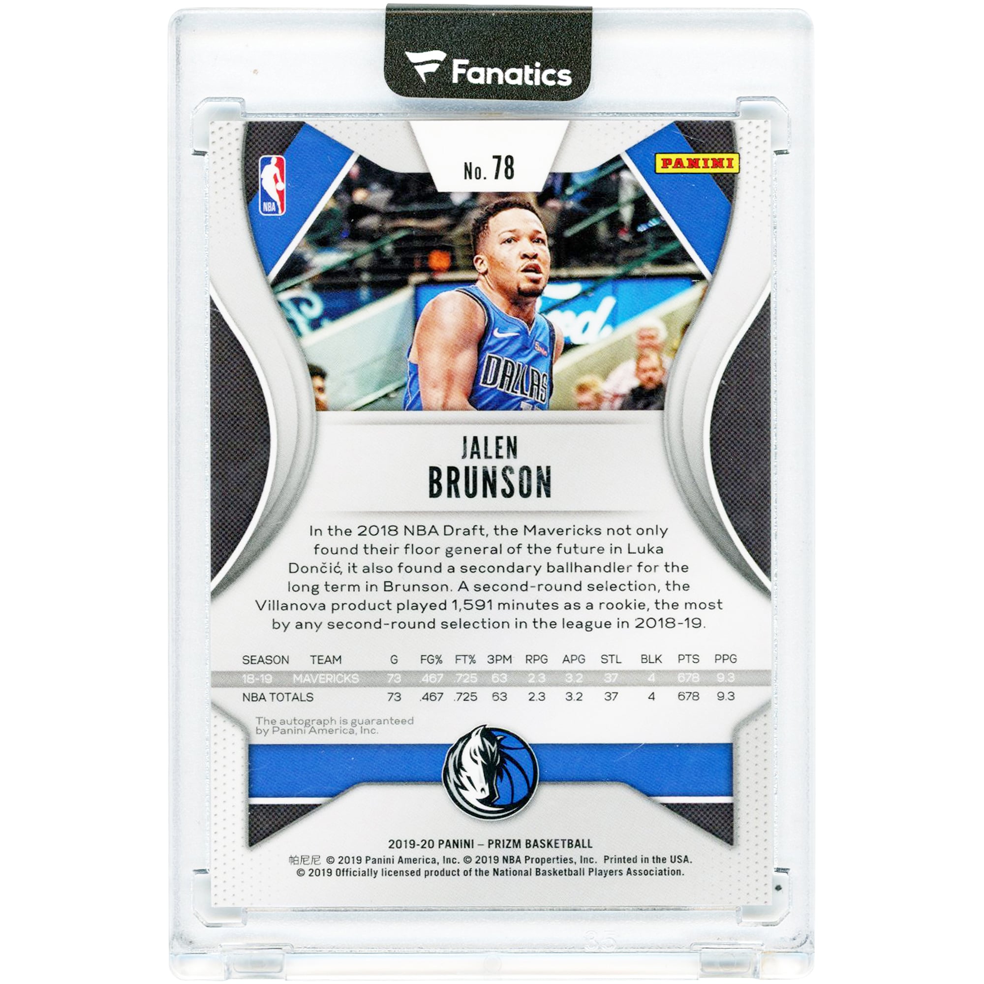 Jalen Brunson Dallas Mavericks Autographed 2019-20 Panini Prizm Signatures #78 Card
