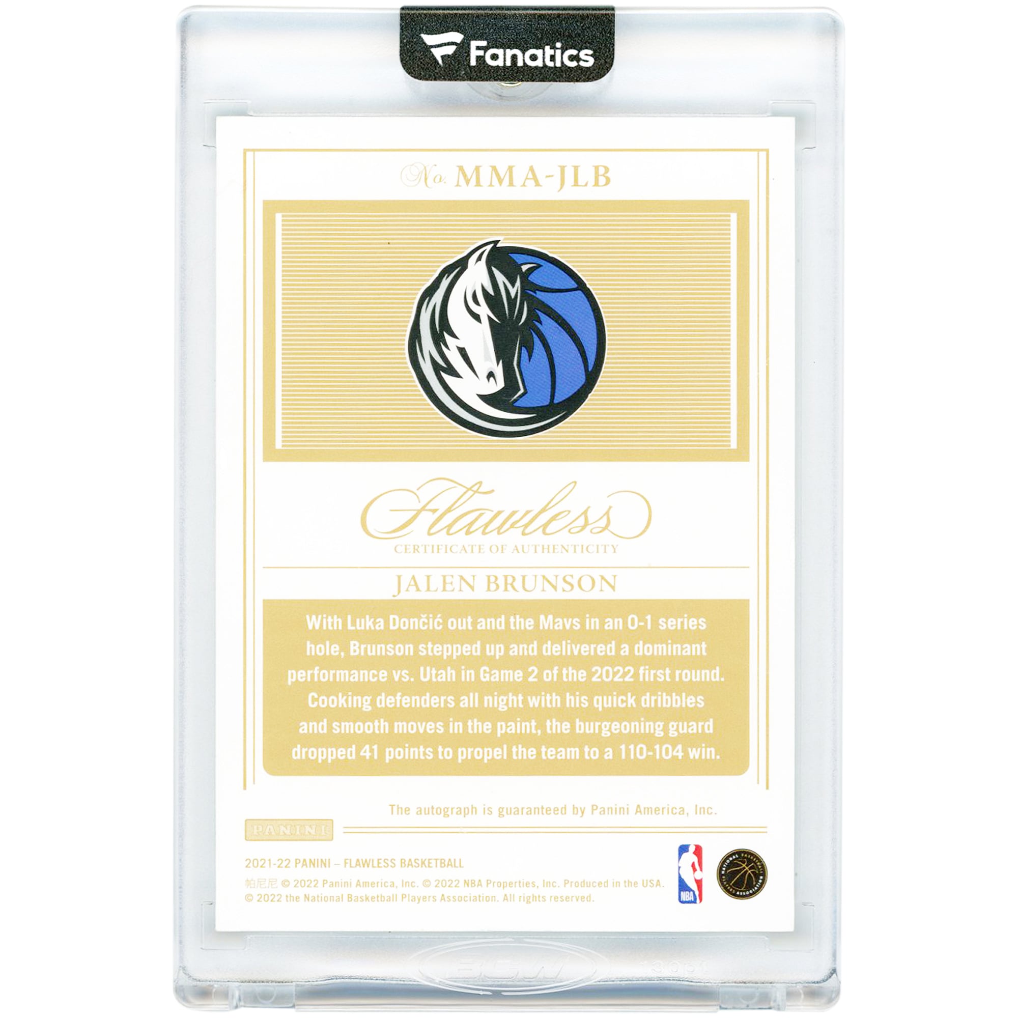 Carte autographiée de Jalen Brunson (Dallas Mavericks) 2021-22 Panini Flawless Momentous #MMA-JLB #16/25